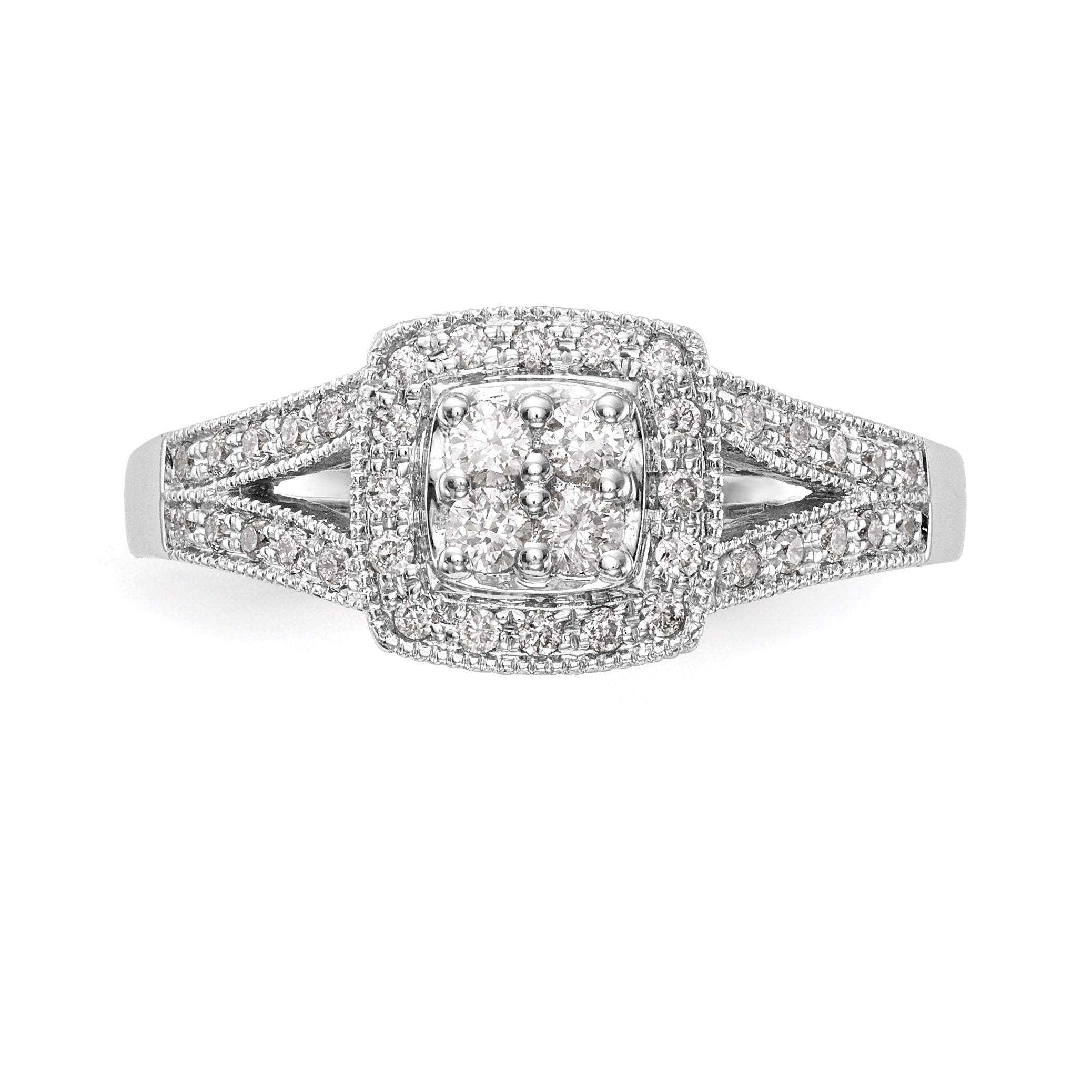 14K White Gold Square Halo Cluster 1/2 carat Diamond Complete Engagement Ring