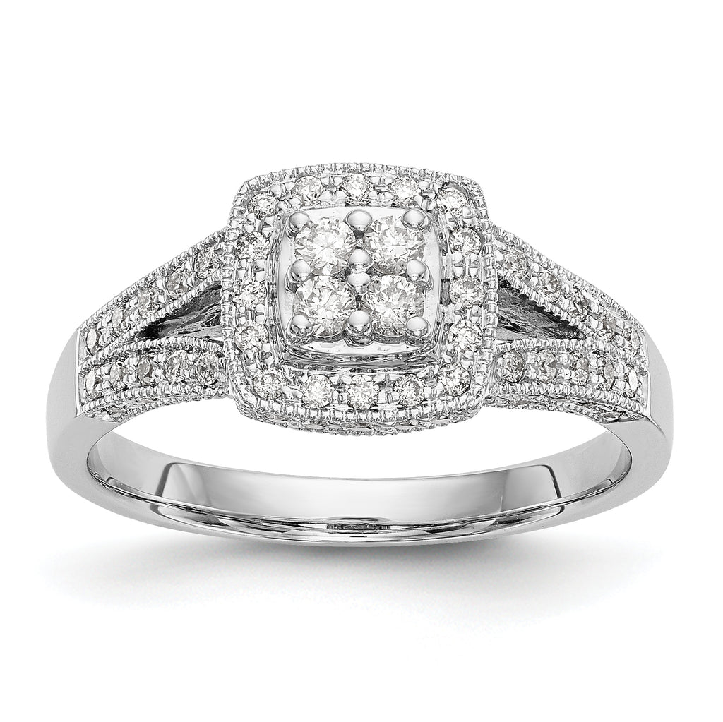 14K White Gold Square Halo Cluster 1/2 carat Diamond Complete Engagement Ring