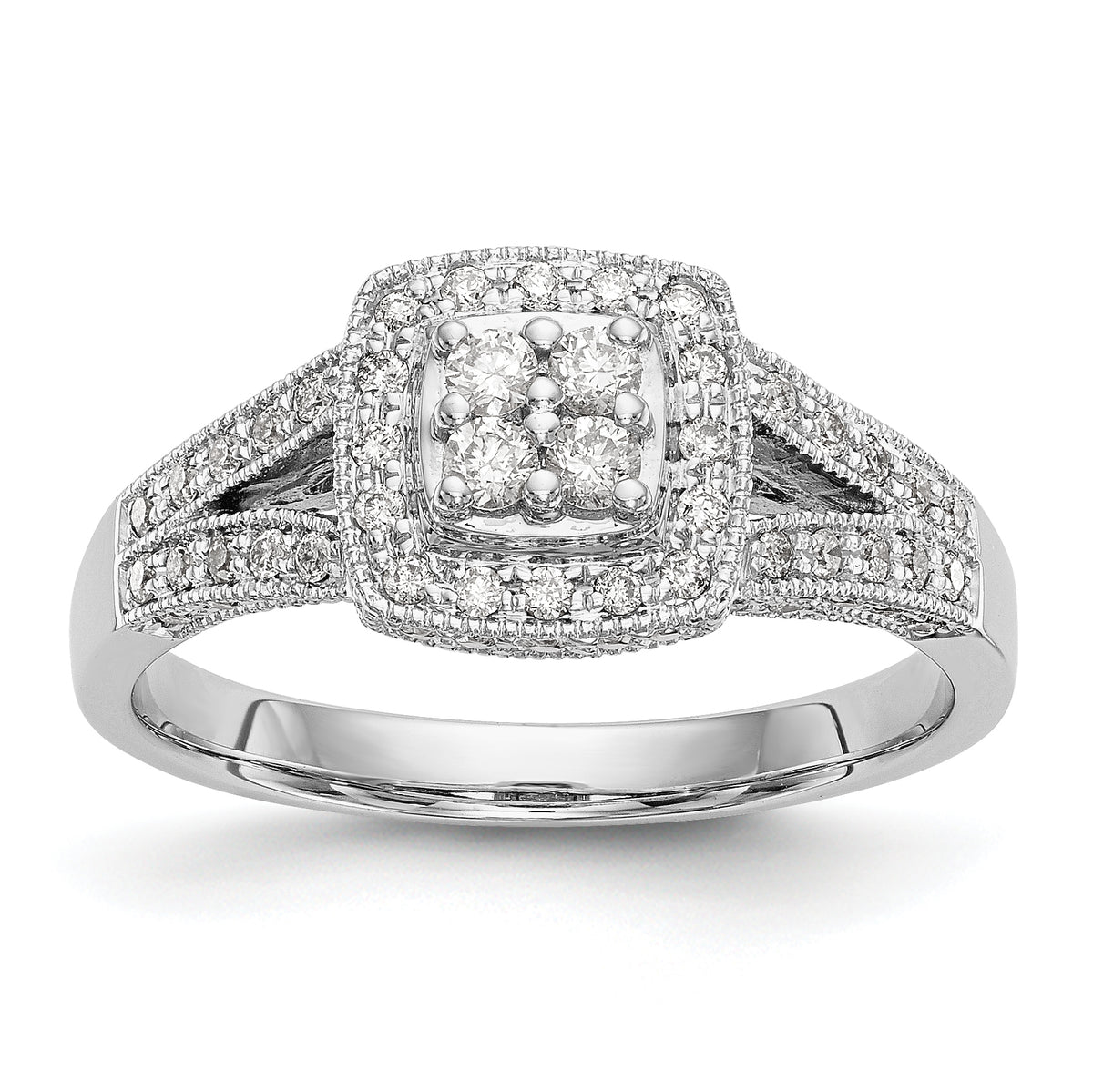 14K White Gold Square Halo Cluster 1/2 carat Diamond Complete Engagement Ring