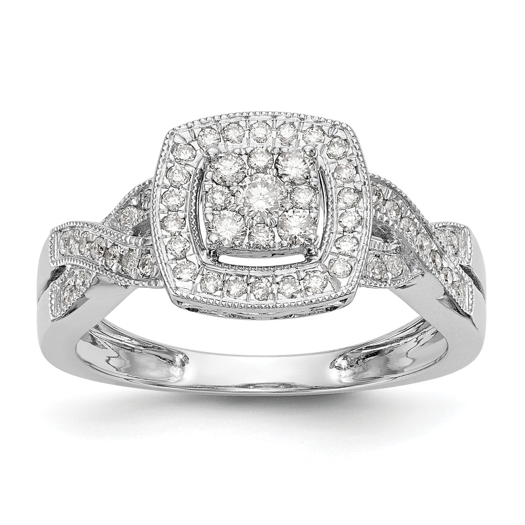 14K White Gold Square Halo Cluster 3/8 carat Diamond Complete Engagement Ring