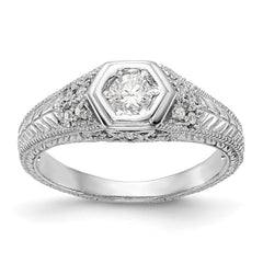 14K White Gold (Holds 1/6 carat (3.5mm) Round Center Hexagon Bezel) 1/20 carat Diamond Semi-Mount Engagement Ring