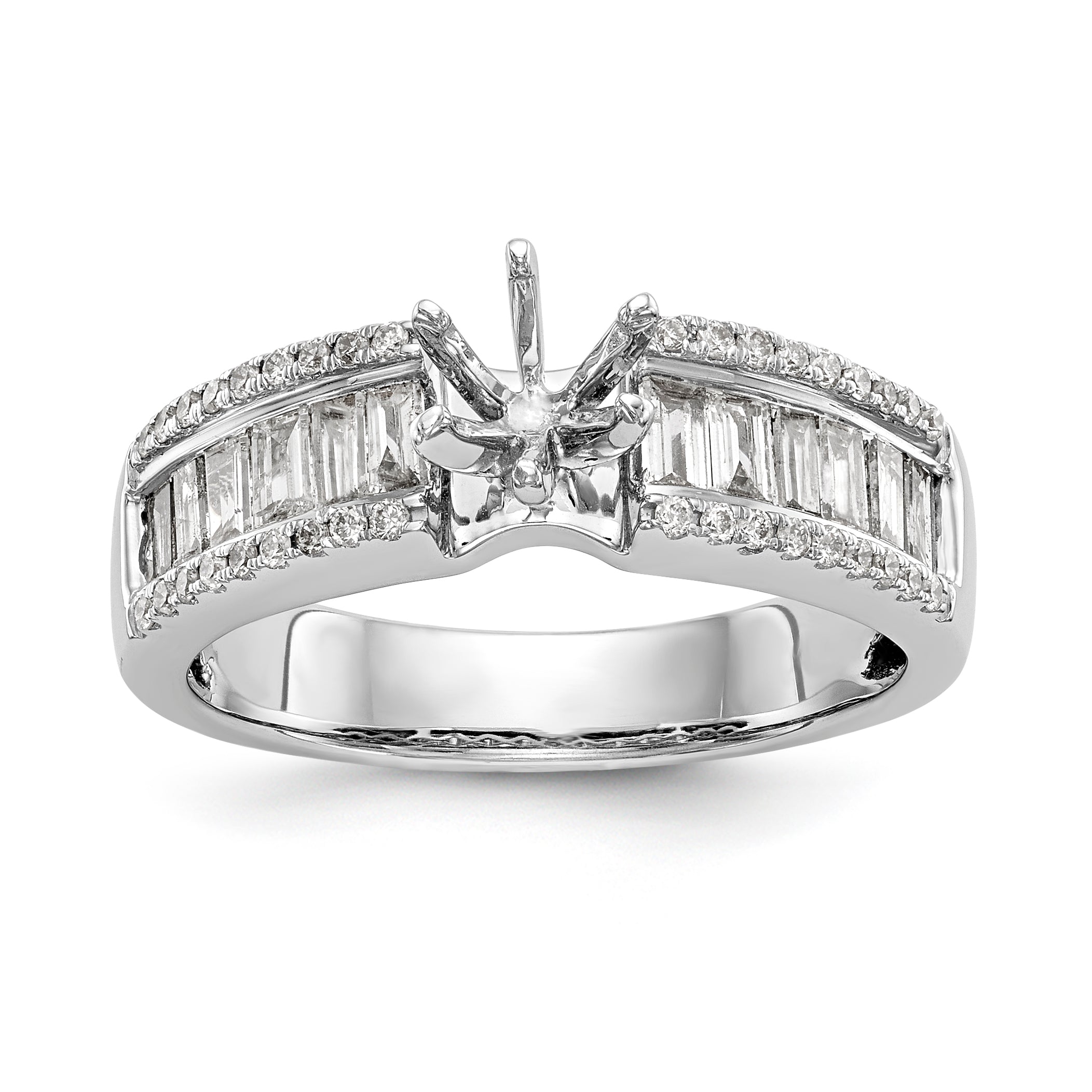 14K White Gold Peg Set 3/4 carat Round/Baguette Diamond Semi-mount Engagement Ring Main image