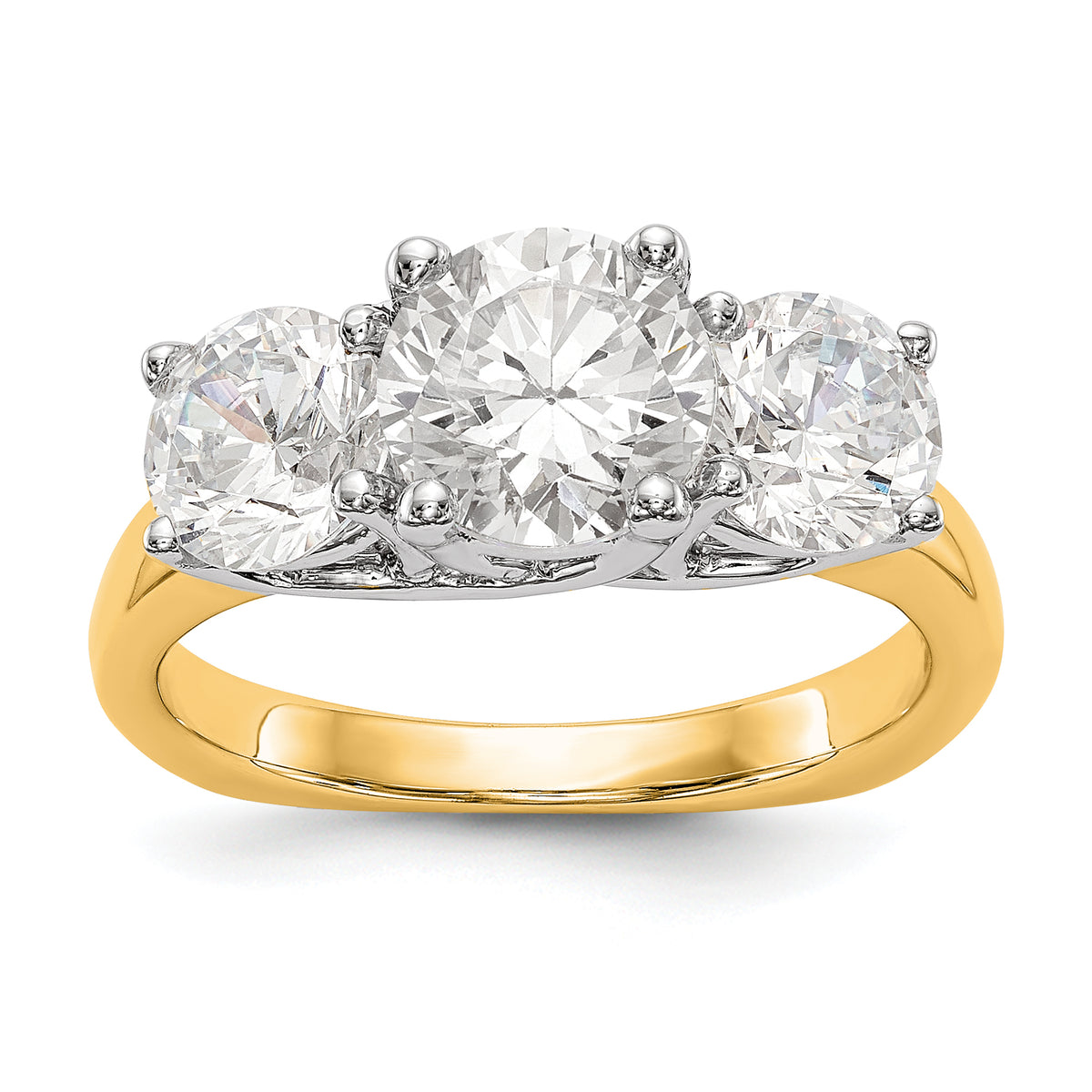 14K Two-tone 3-Stone (Holds 1 carat (6.5mm) Round Center) Includes 2-5.00mm Round Side Diamonds Semi-Mount Engagement Ring