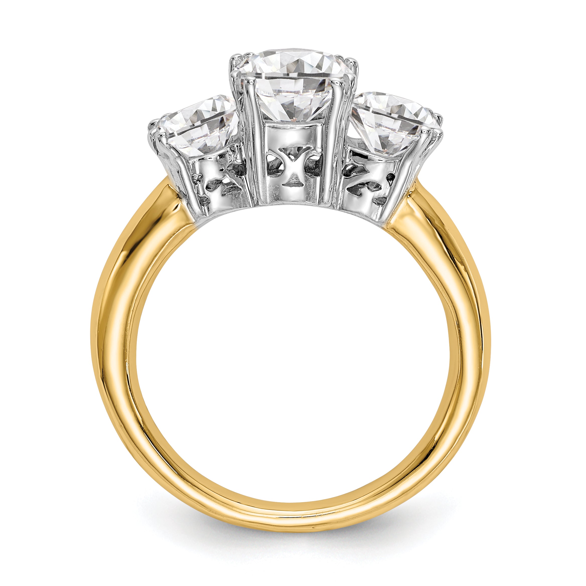 14K Two-tone 3-Stone (Holds 6.5mm Round Center) Includes 2-5.00mm Round Side Diamonds Semi-Mount Engagement Ring