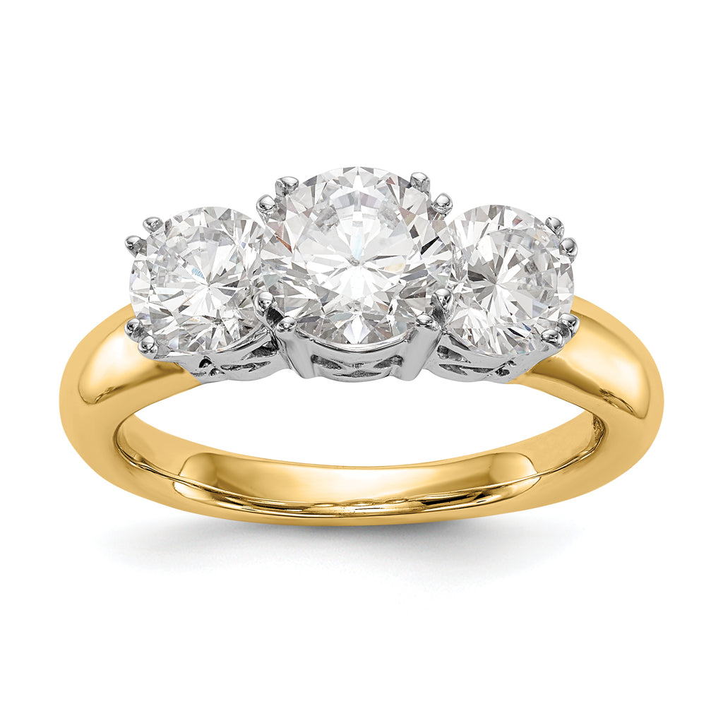 14K Two-tone 3-Stone (Holds 6.5mm Round Center) Includes 2-5.00mm Round Side Diamonds Semi-Mount Engagement Ring