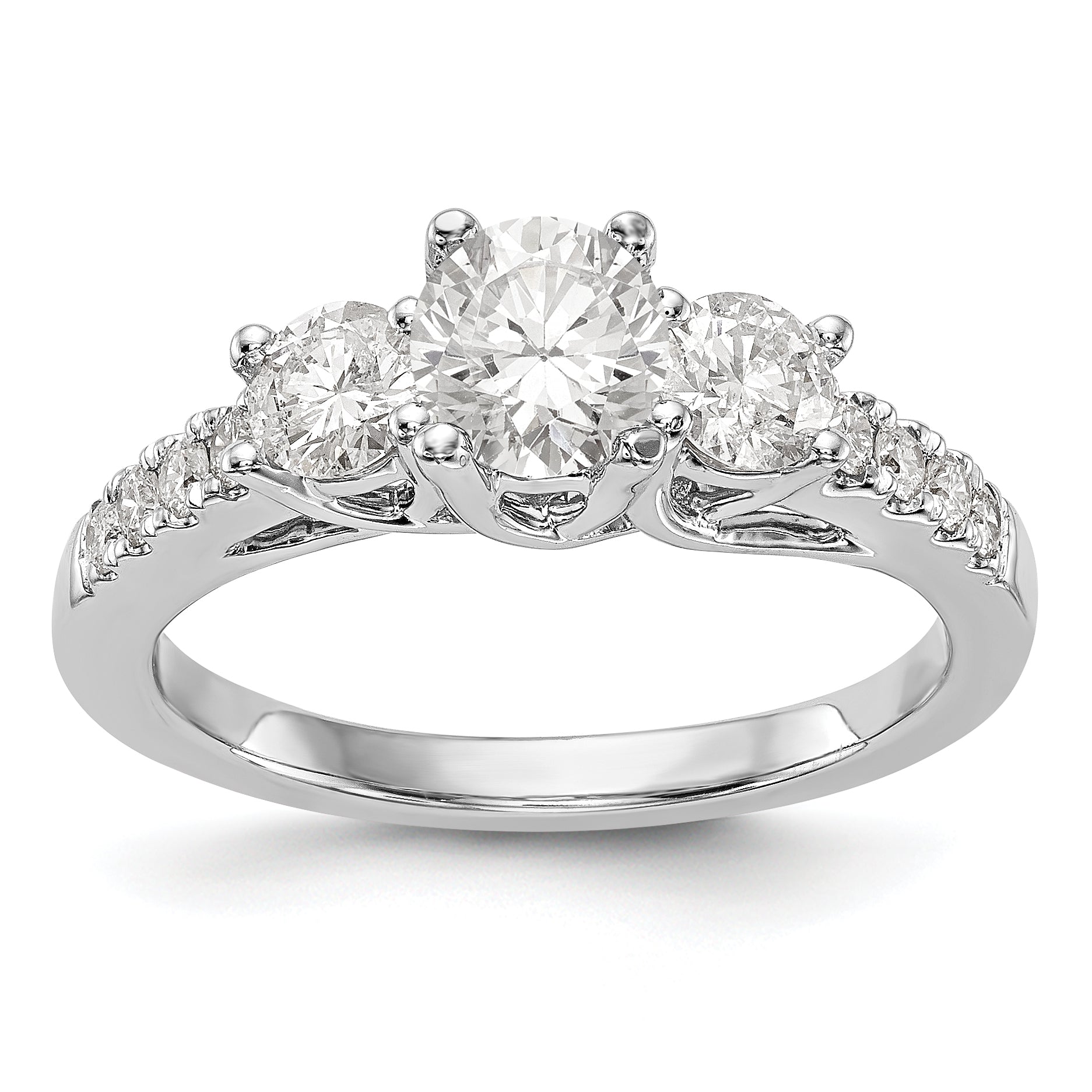 14K White Gold 3-Stone Plus (Holds 1/3 carat (4.5mm) Round Center and (2-3.2mm) Round Sides) Diamond Semi-Mount Engagement Ring Main image