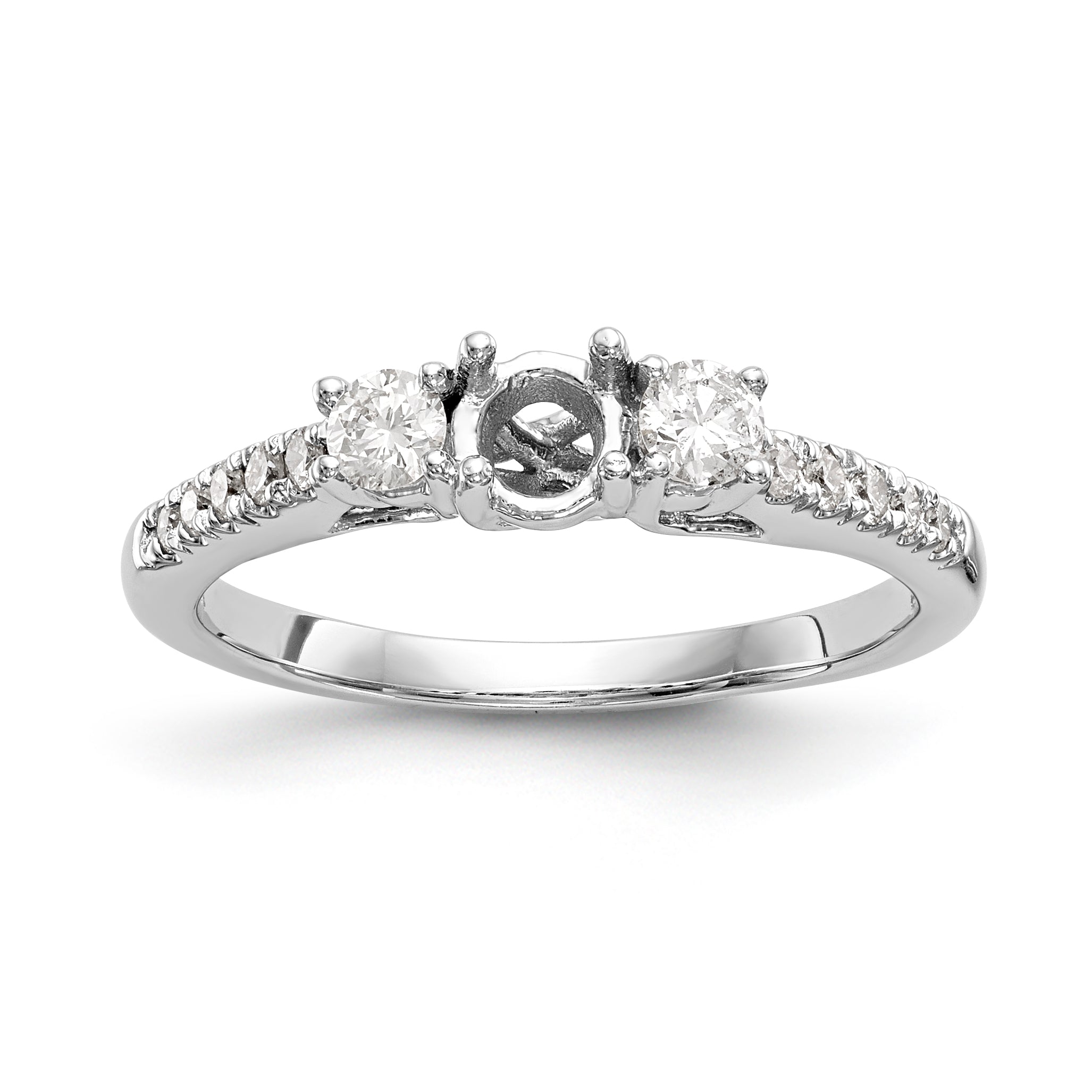 14K White Gold 3-Stone Plus (Holds 1/3 carat (4.5mm) Round Center) Diamond Semi-Mount Engagement Ring Main image