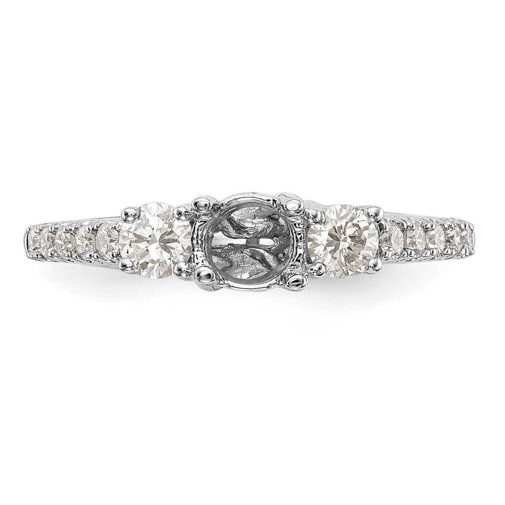 14K White Gold 3-Stone Plus (Holds 1/2 carat (5.2mm) Round Center) Diamond Semi-Mount Engagement Ring