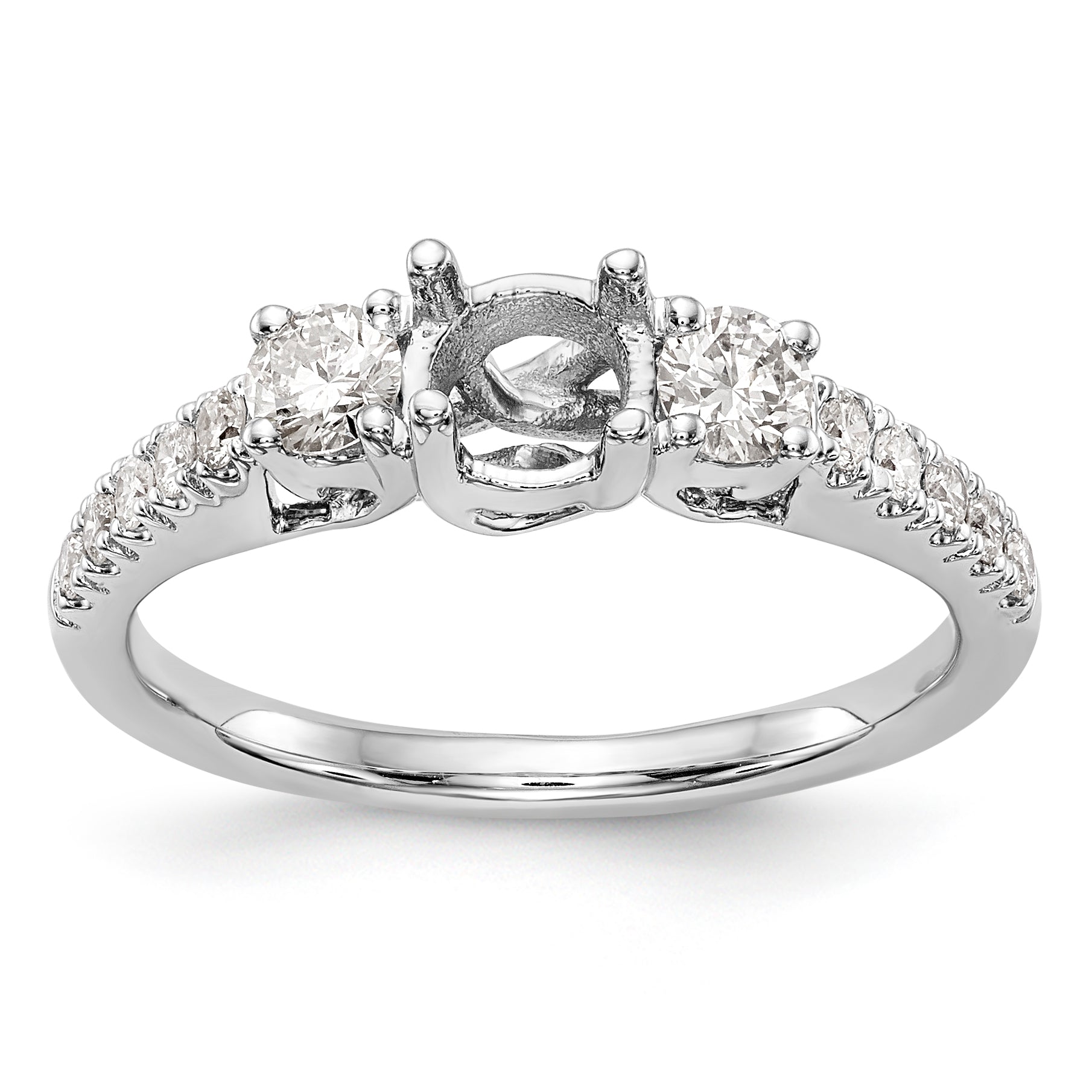 14K White Gold 3-Stone Plus (Holds 1/2 carat (5.2mm) Round Center) Diamond Semi-Mount Engagement Ring Main image