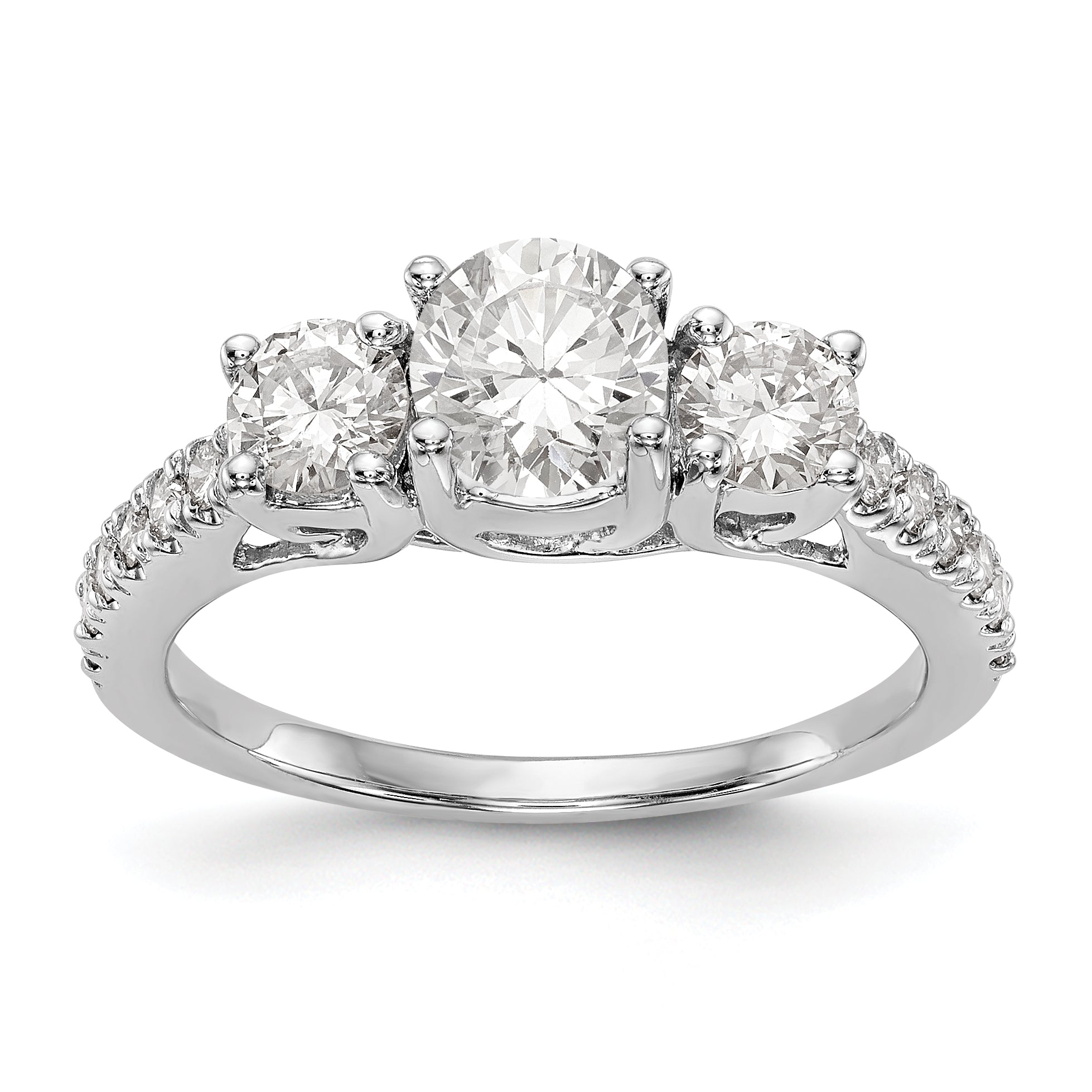 14K White Gold 3-Stone Plus (Holds 3/4 carat (5.8mm) Round Center) Diamond Semi-Mount Engagement Ring Main image