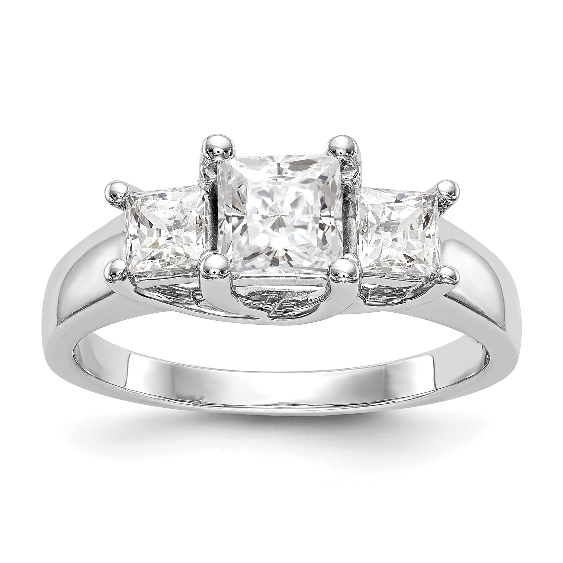 14K White Gold 3-Stone (Holds 3/4 carat (5.8mm) Princess Center) Diamond Semi-Mount Engagement Ring Main image