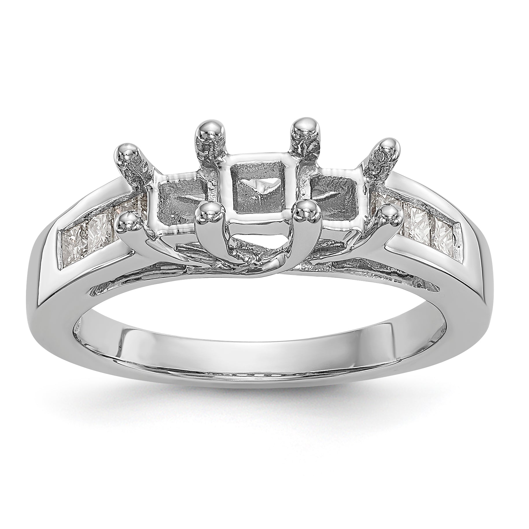 14K White Gold 3-Stone Plus (Holds 1/3 carat (3.7mm) Princess Center and (2-3.2mm) Princess Sides) Diamond Semi-Mount Engagement Ring Main image