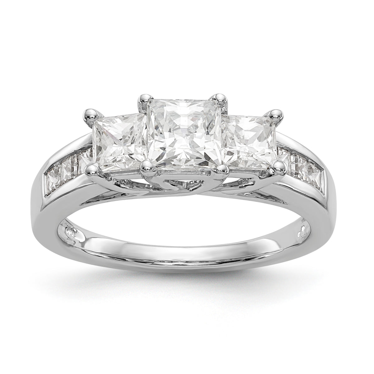 14K White Gold 3-Stone Plus (Holds 3/4 carat (4.9mm) Princess Center and (2-4.0mm) Princess Sides) Diamond Semi-Mount Engagement Ring