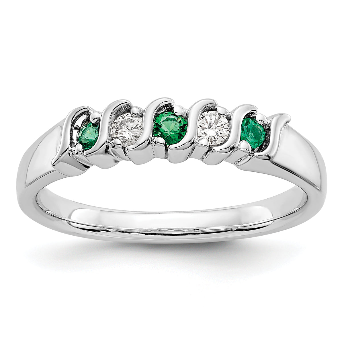 14K White Gold 1/10 carat Diamond and Emerald Complete Band