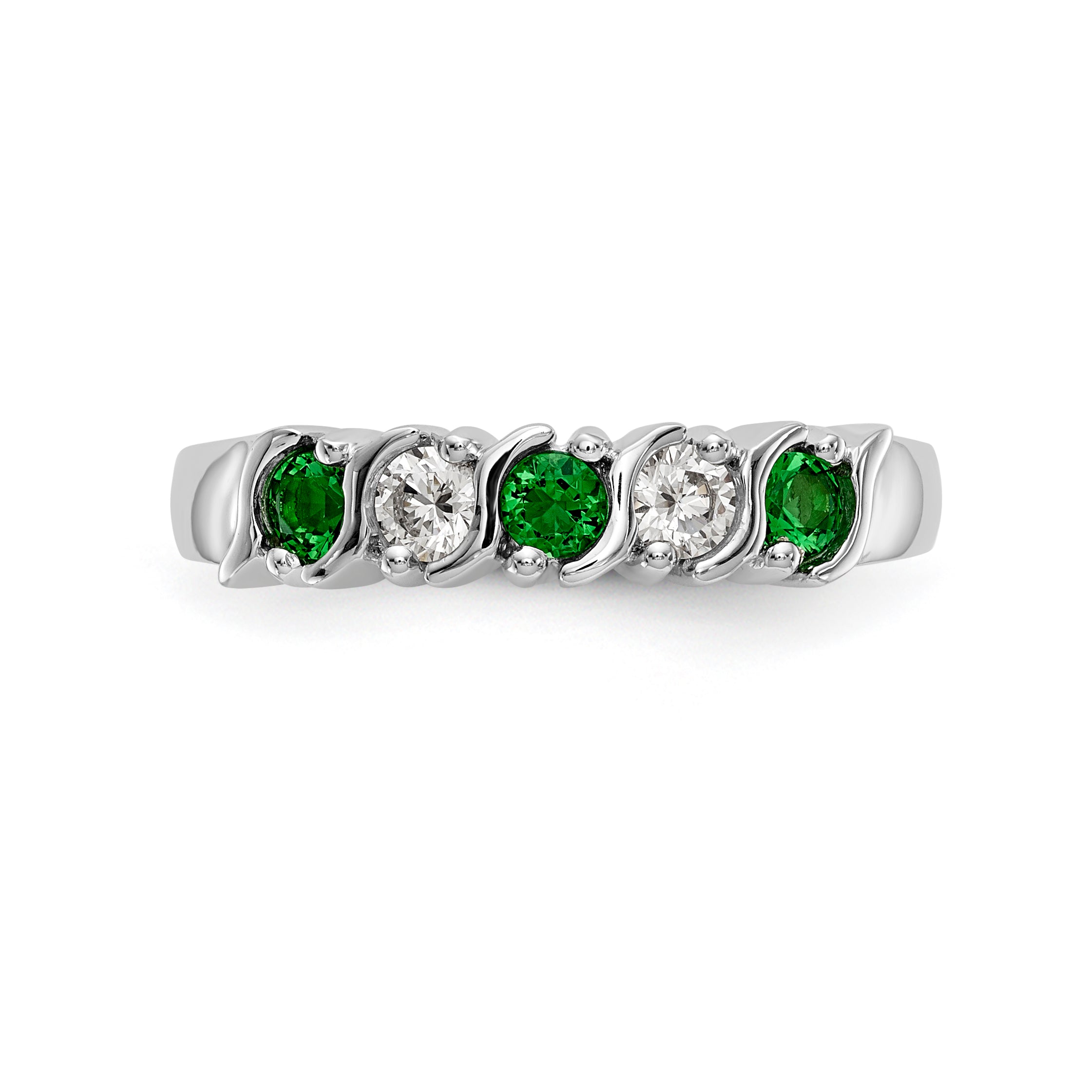 14K White Gold 1/5 carat Diamond and Emerald Complete Band