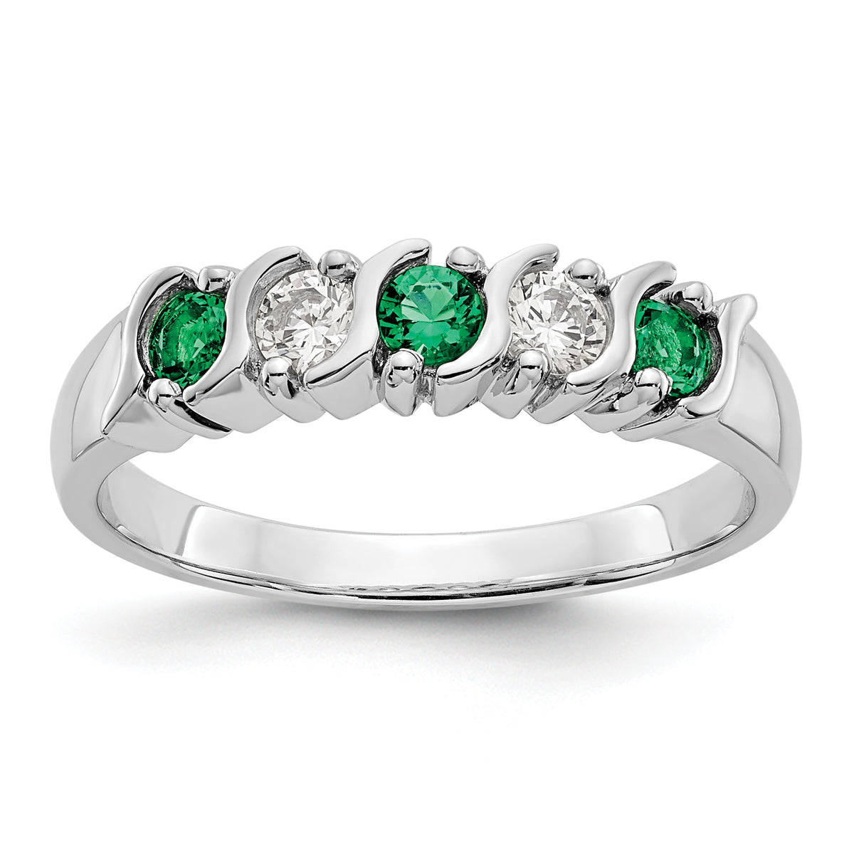 14K White Gold 1/5 carat Diamond and Emerald Complete Band