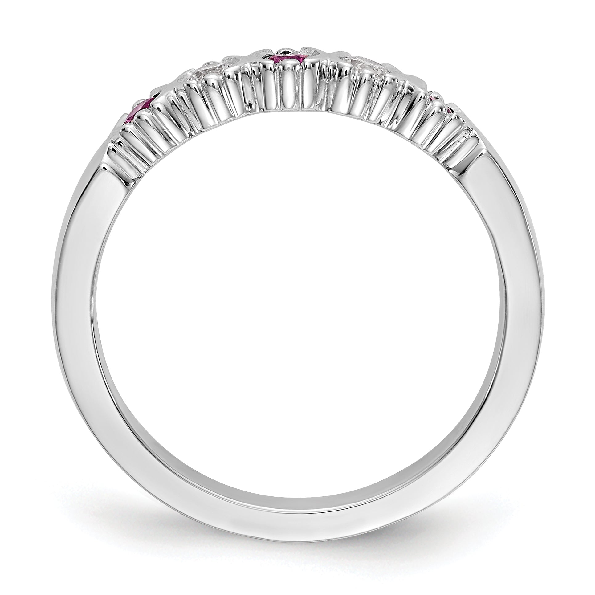 14K White Gold 1/10 carat Diamond and Ruby Complete Band