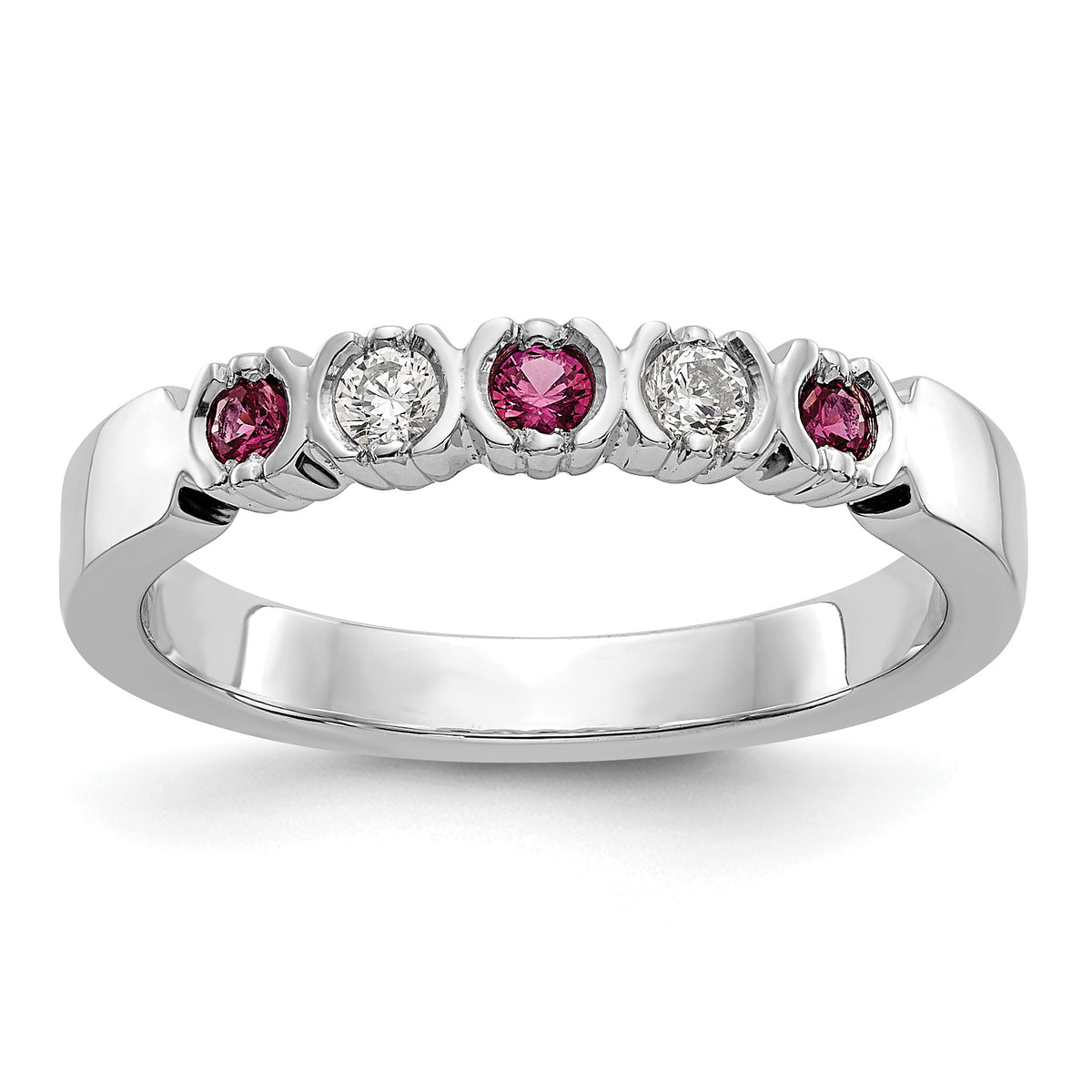 14K White Gold 1/10 carat Diamond and Ruby Complete Band