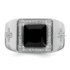 14K White Gold Lab Grown Diamond and Onyx Side Crosses Men's Ring