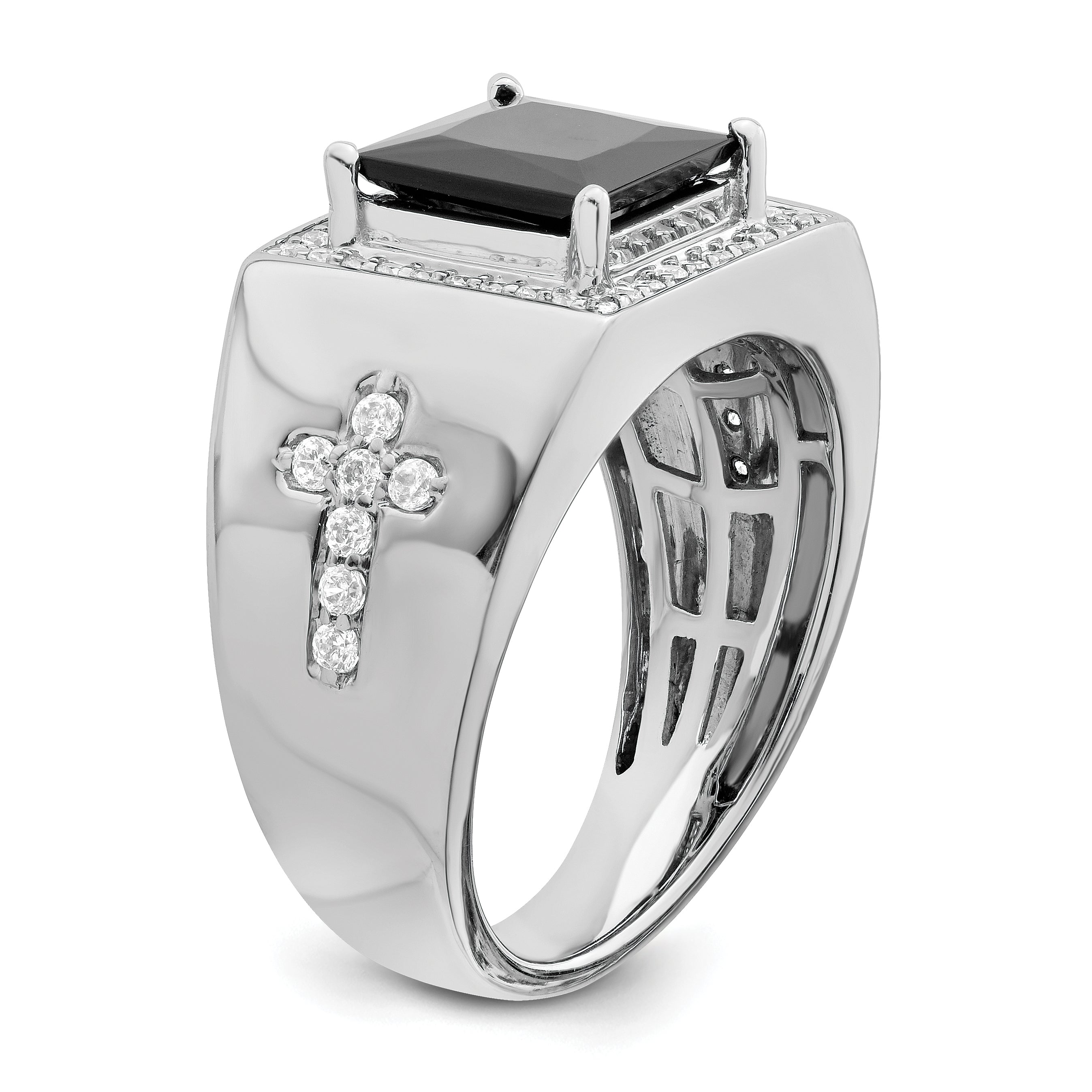 14K White Gold Lab Grown Diamond and Onyx Side Crosses Men's Ring