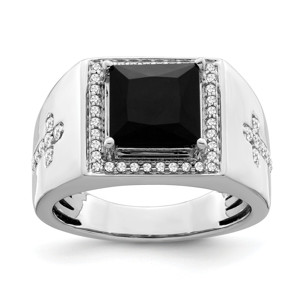 14K White Gold Lab Grown Diamond and Onyx Side Crosses Men's Ring