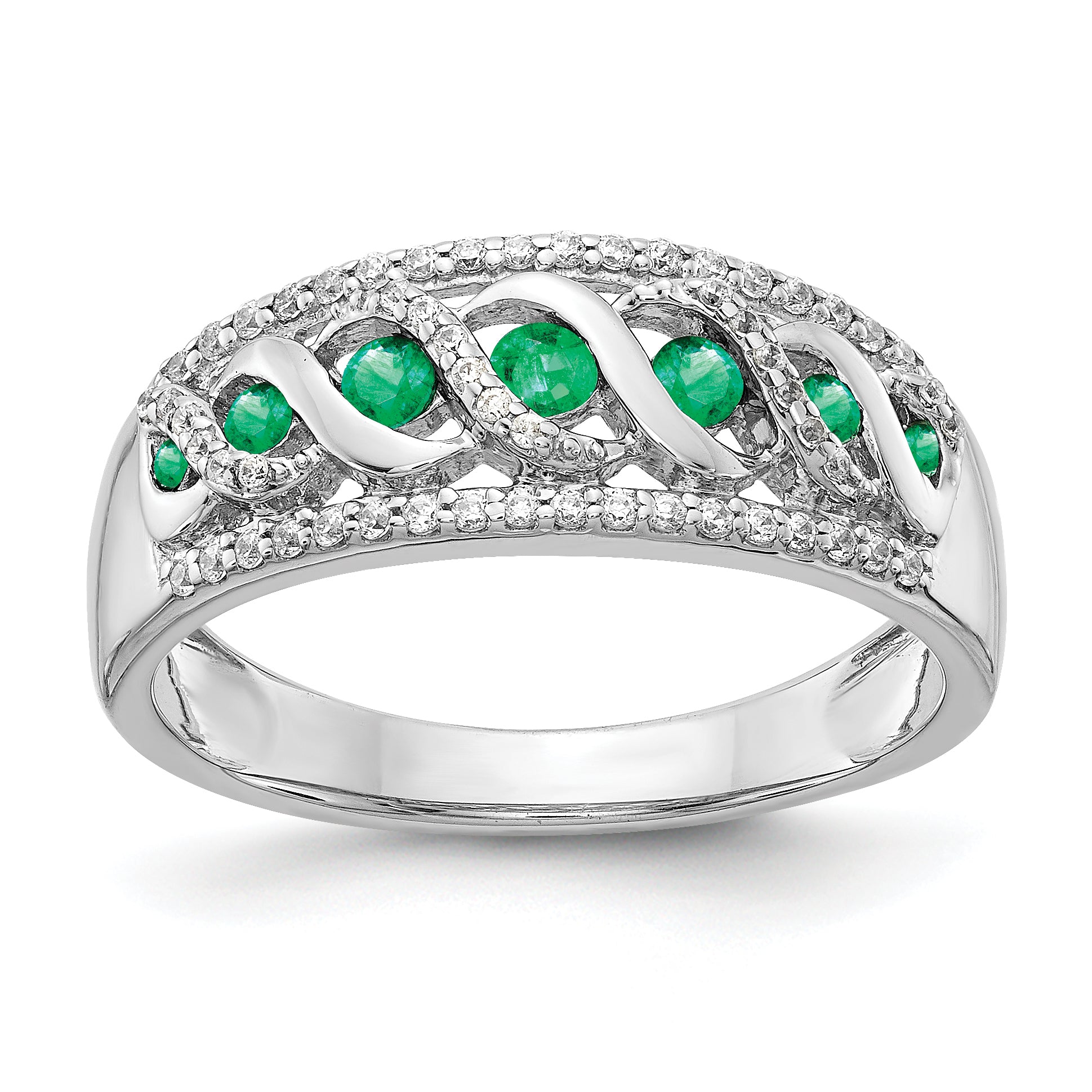 14k White Gold Diamond and Emerald Fancy Twist Ring Main image