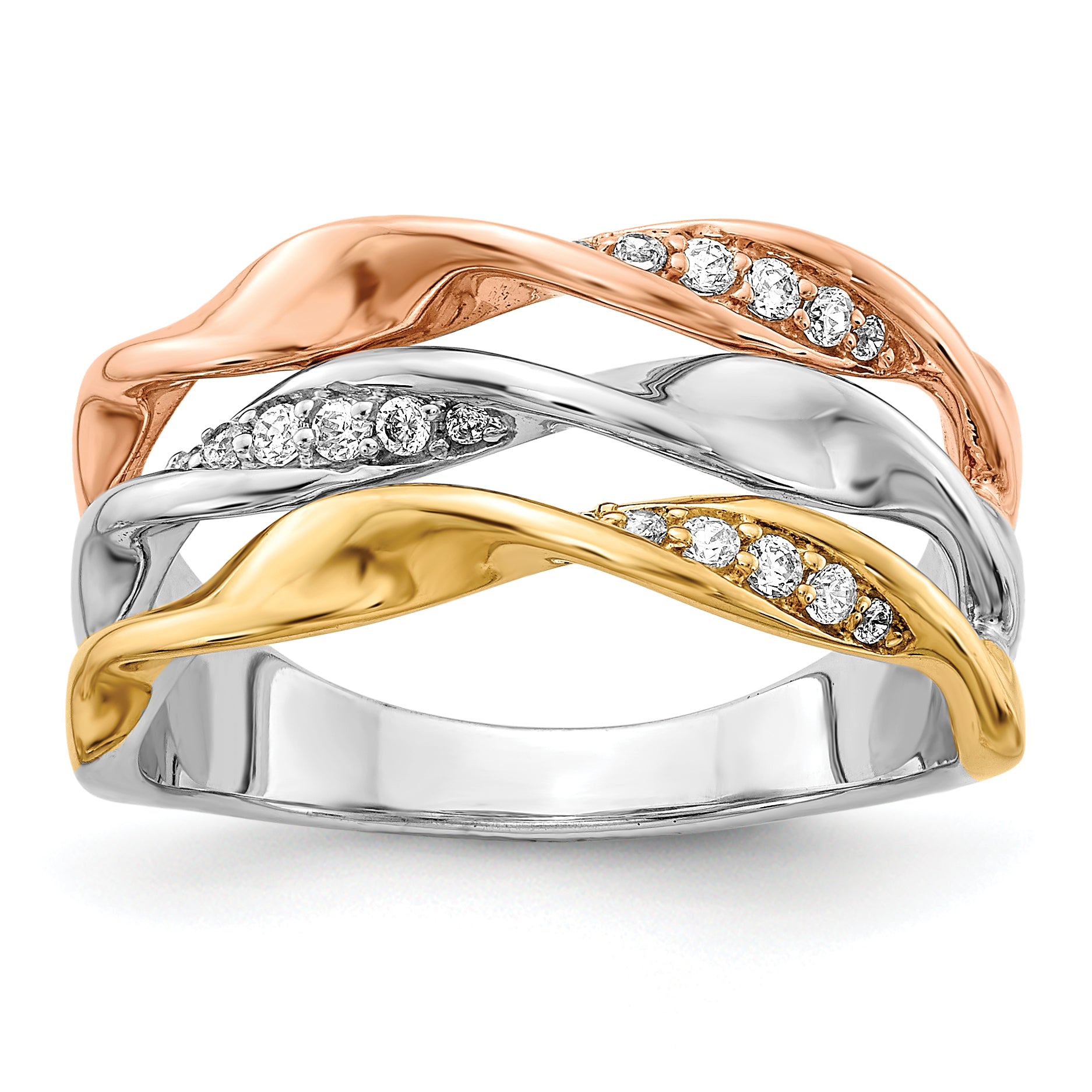 14k Tri-color Diamond Fancy Triple Twist Ring