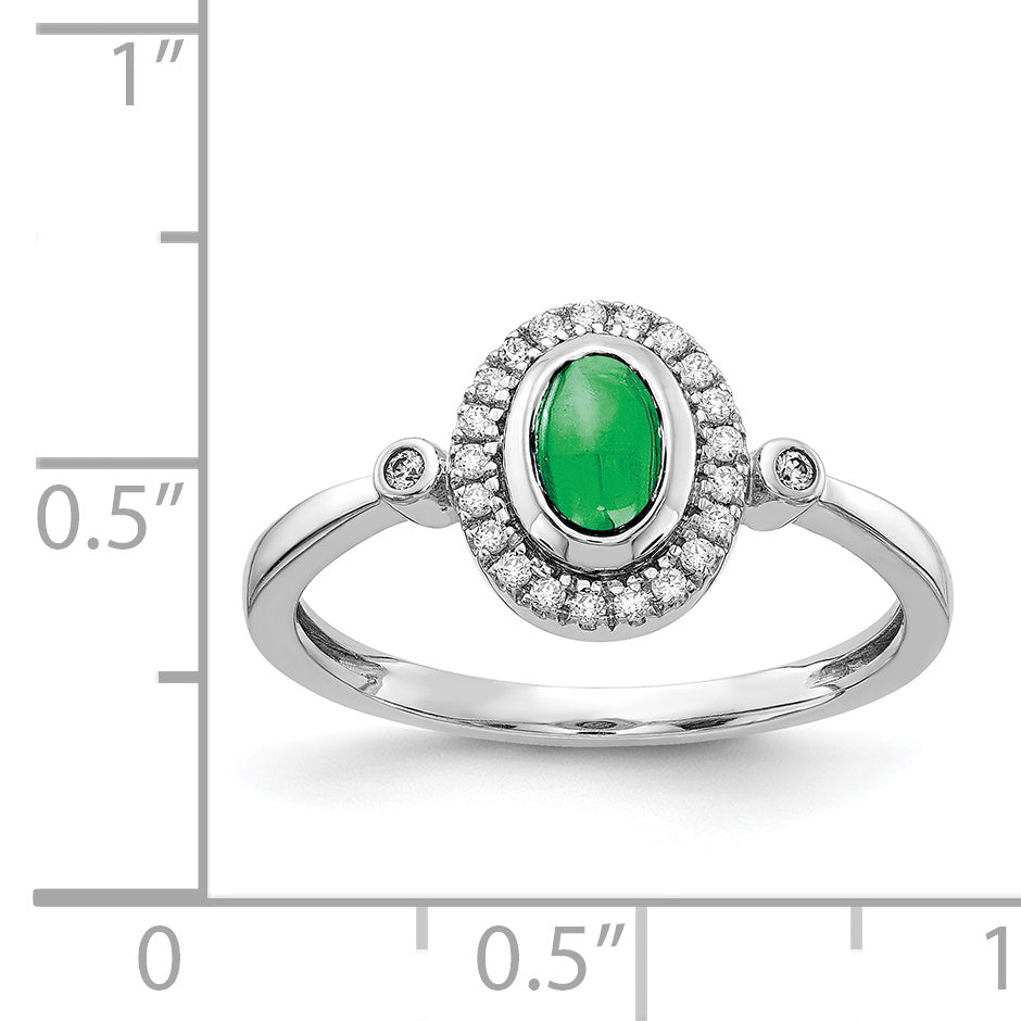 14k White Gold Diamond and Oval Cabochon Emerald Halo Ring Secondary image