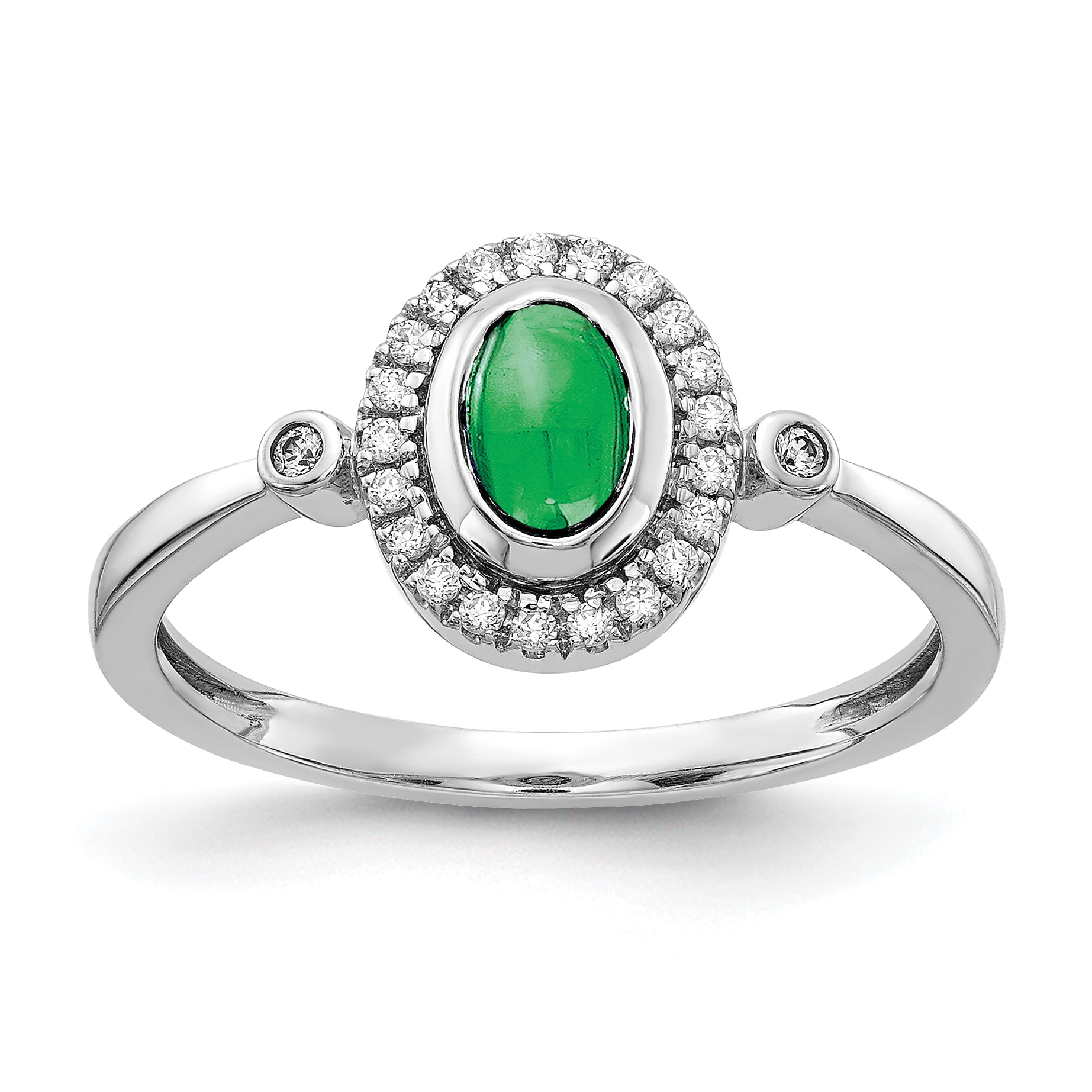 14k White Gold Diamond and Oval Cabochon Emerald Halo Ring Main image