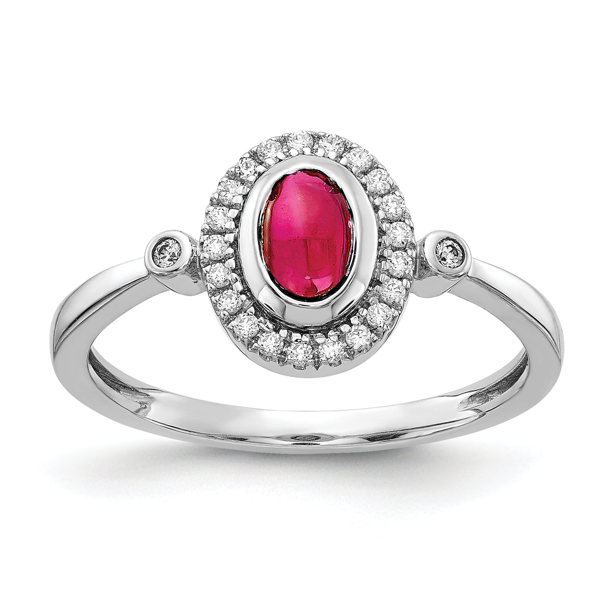 14k White Gold Diamond and Oval Cabochon Ruby Halo Ring