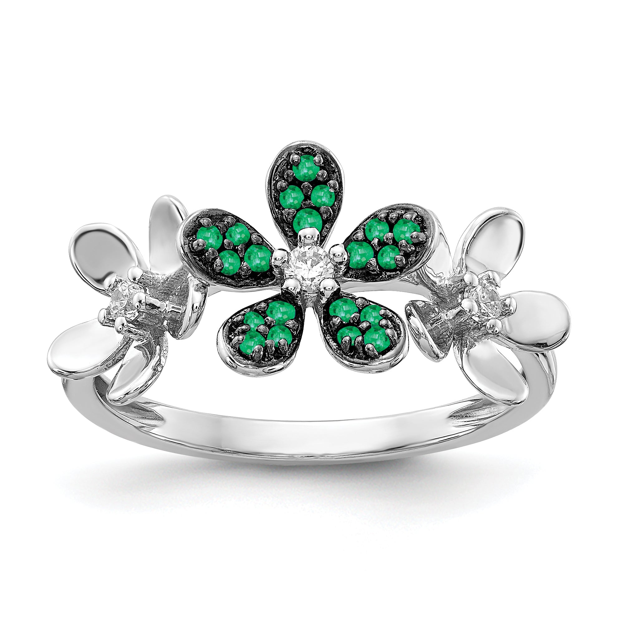14k White Gold Diamond and Emerald Flower Ring Main image