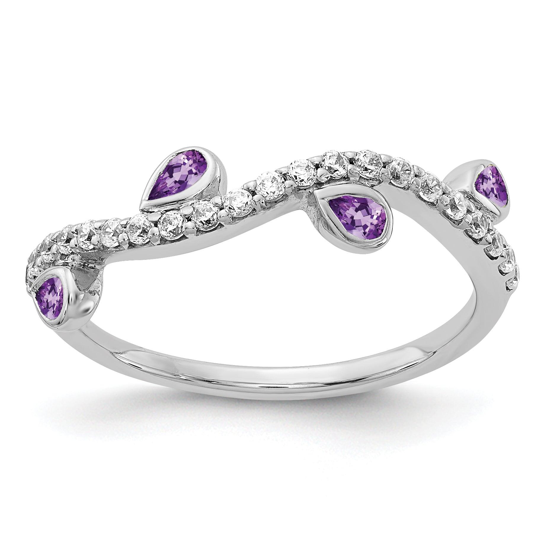 14k White Gold Diamond and Pear Amethyst Curved Ring Main image
