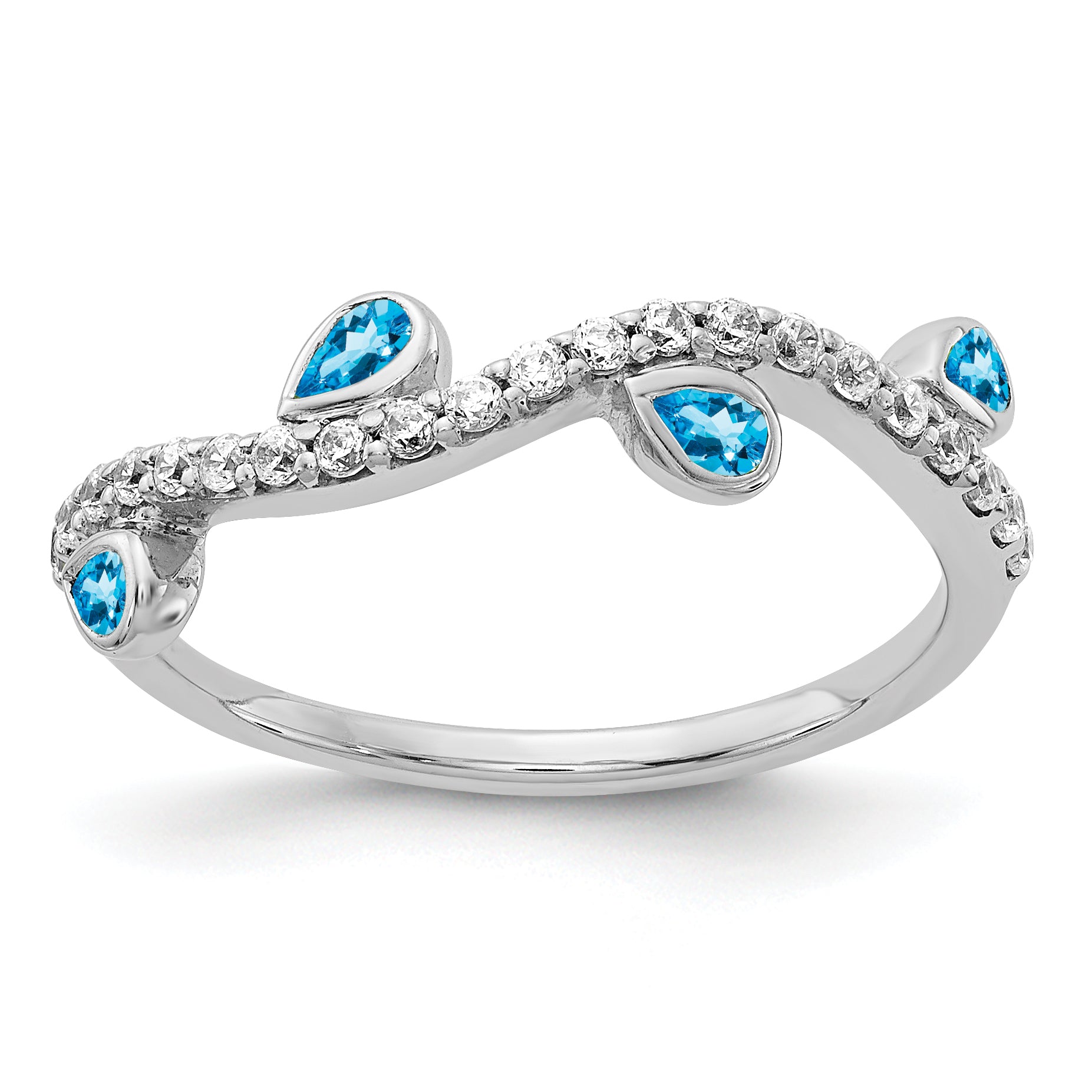 14k White Gold Diamond and Pear Blue Topaz Curved Ring Main image