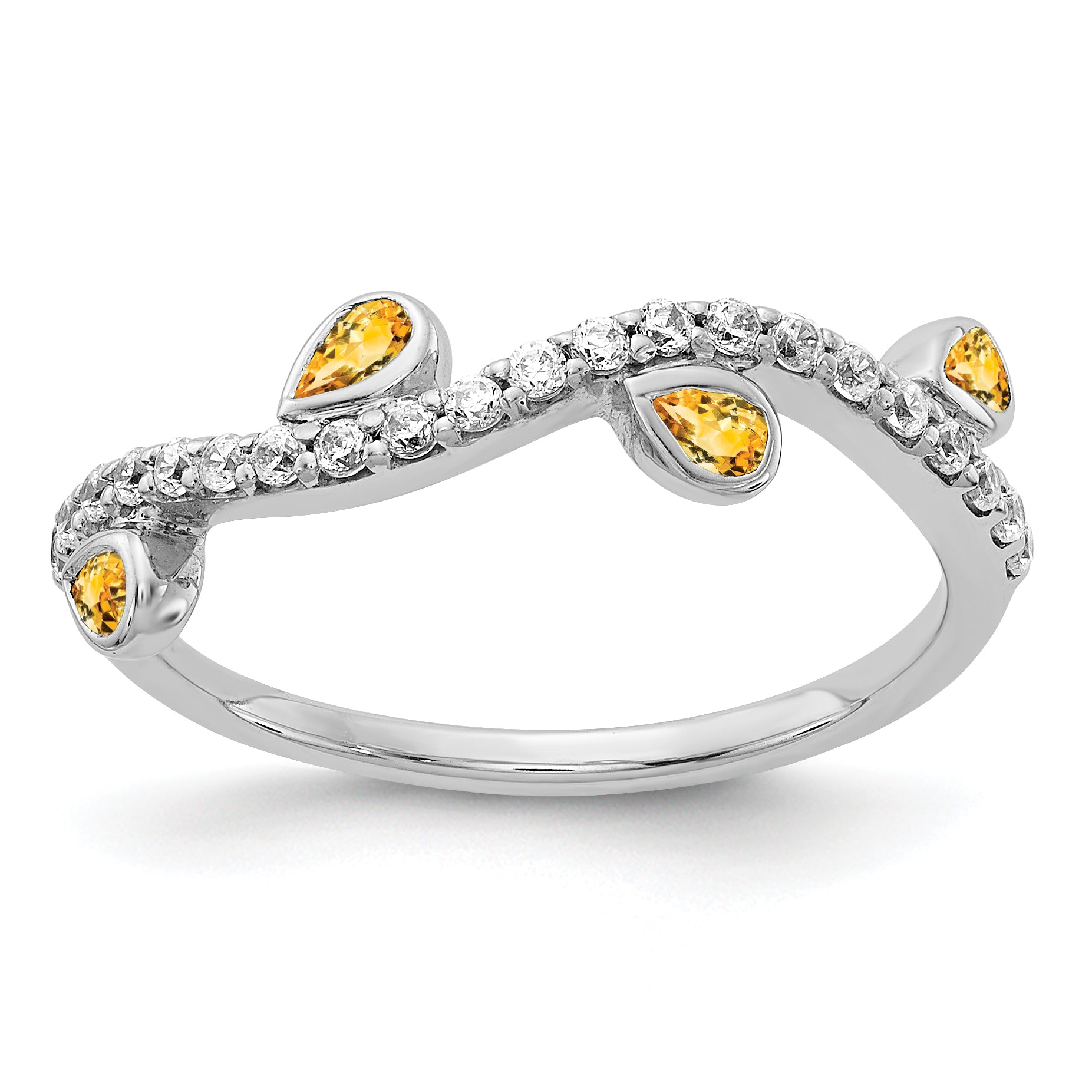 14k White Gold Diamond and Pear Citrine Curved Ring Main image