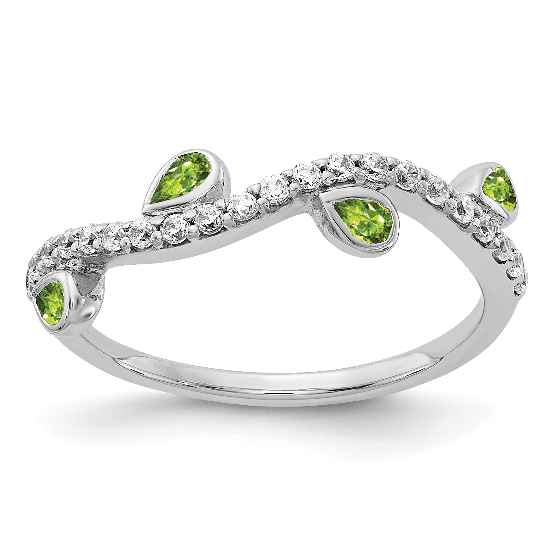 14k White Gold Diamond and Pear Peridot Curved Ring Main image