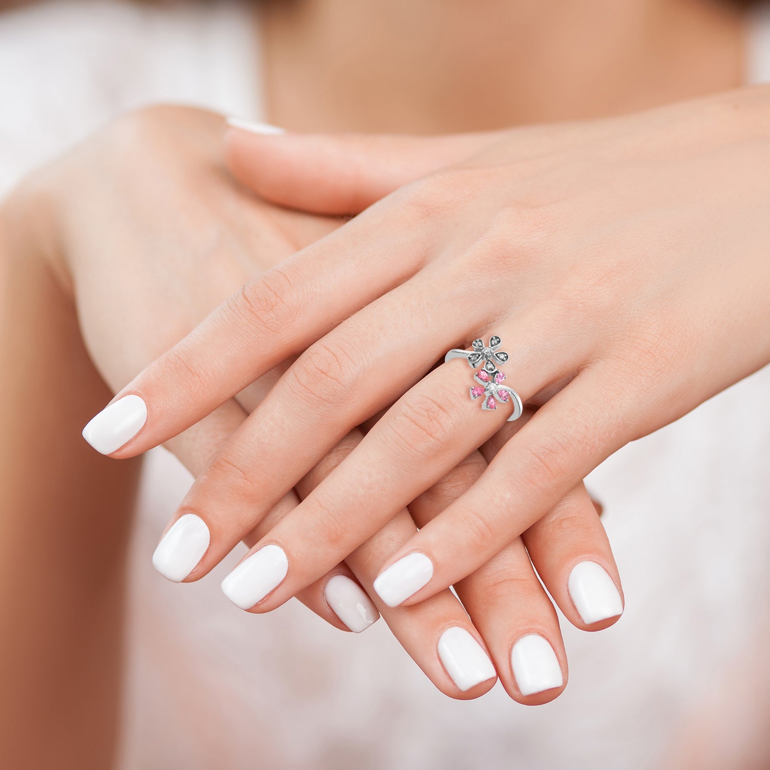 14k White Gold Diamond and Pink Tourmaline Flower Ring