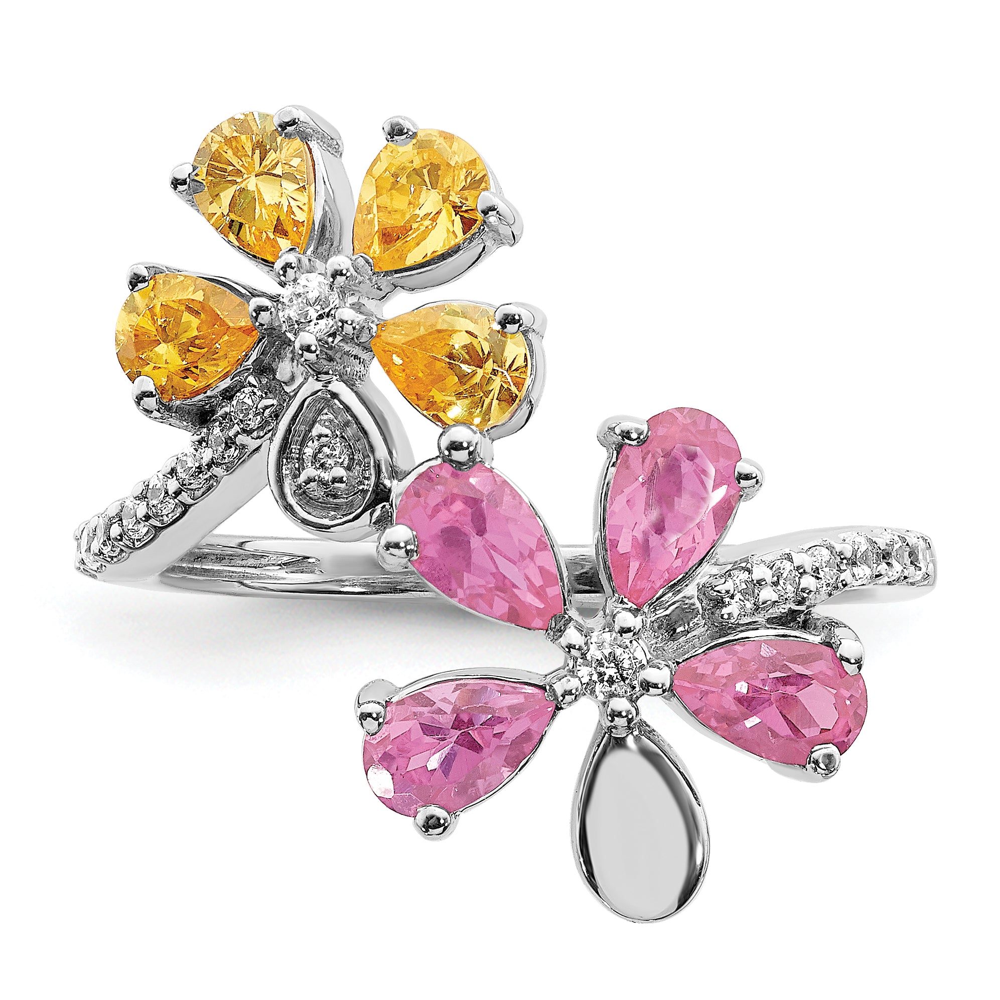 14k White Gold Diamond and Citrine/Pink Tourmaline Flower Ring