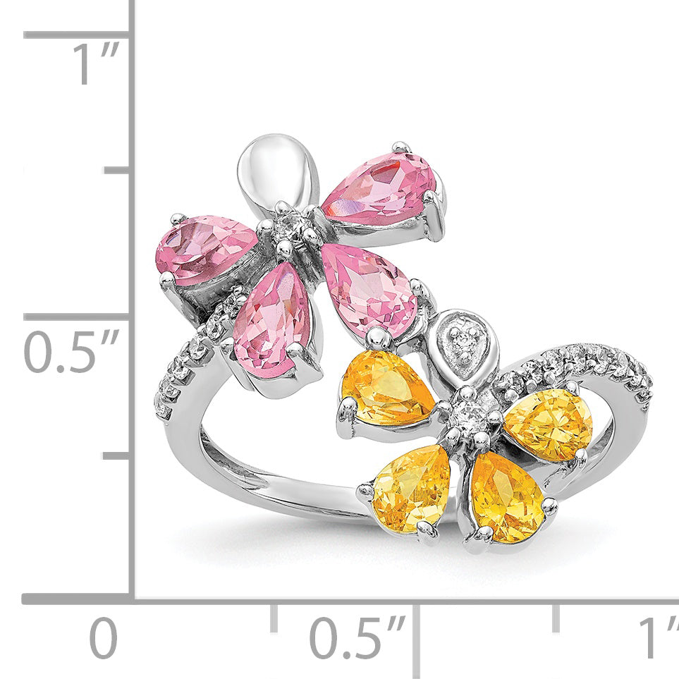 14k White Gold Diamond and Citrine/Pink Tourmaline Flower Ring