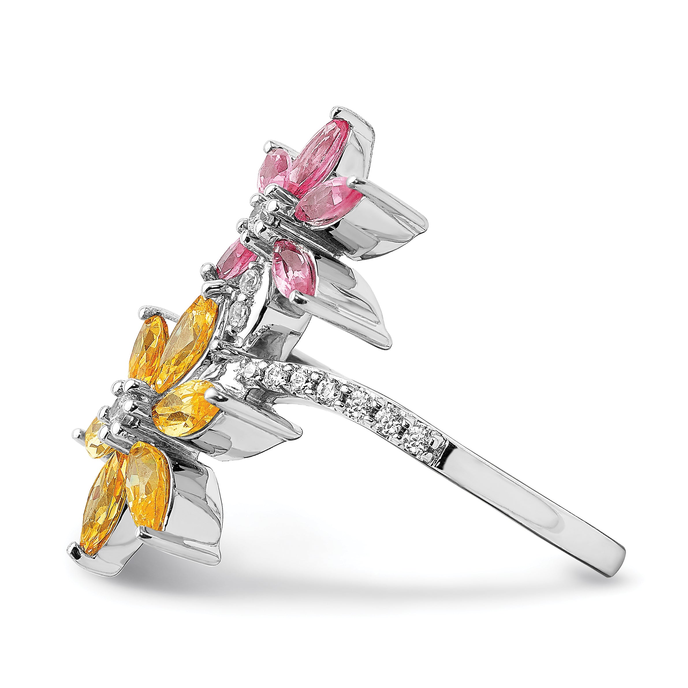 14kWhite Gold Diamond and Citrine/Pink Tourmaline Flower Ring