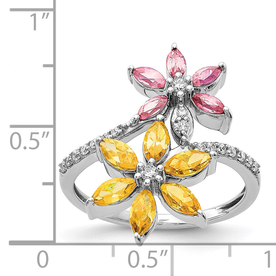 14kWhite Gold Diamond and Citrine/Pink Tourmaline Flower Ring