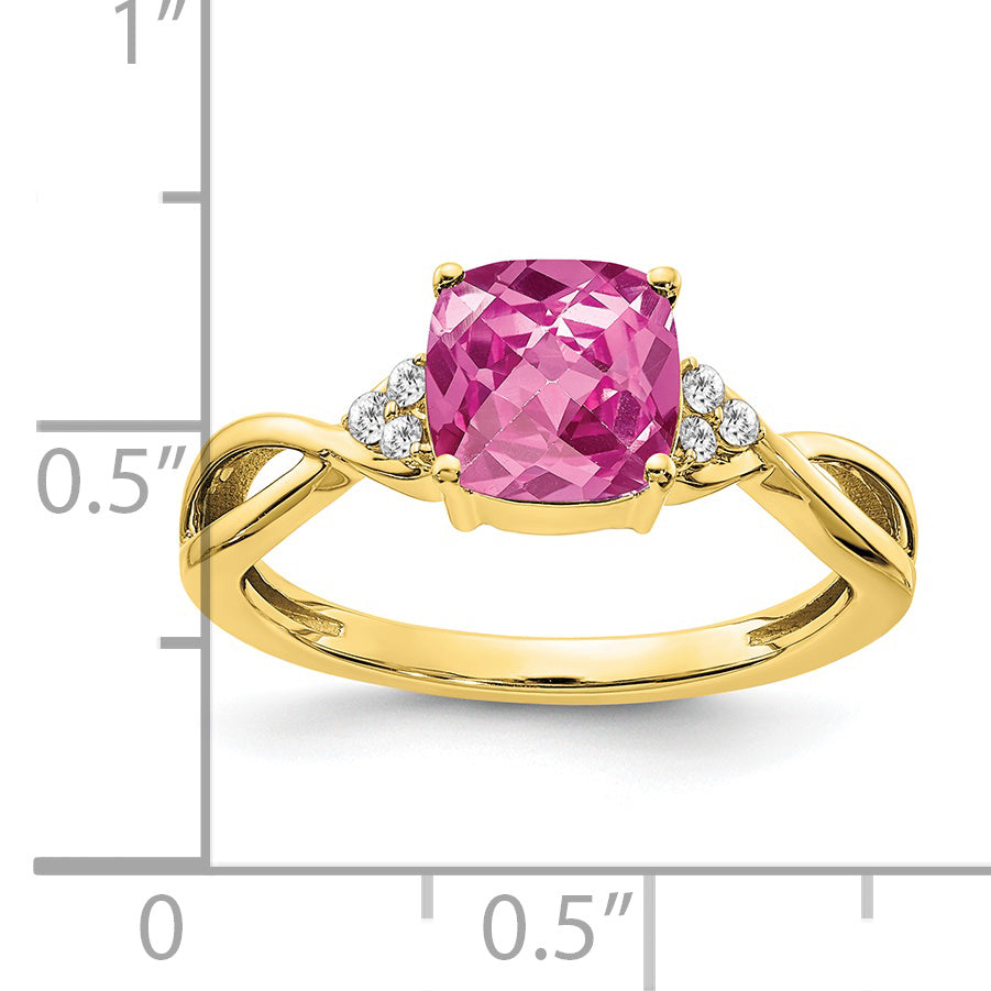 10k Checkerboard Created Pink Sapphire and Diamond Ring