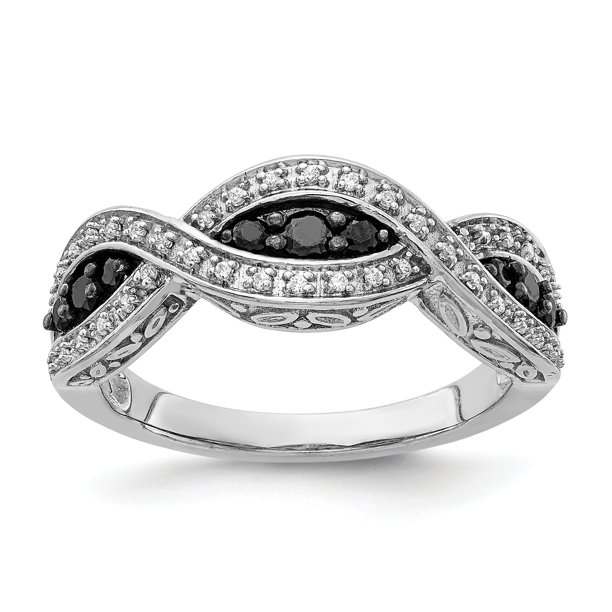 14k White Gold White and Black Diamond Twist Ring Main image
