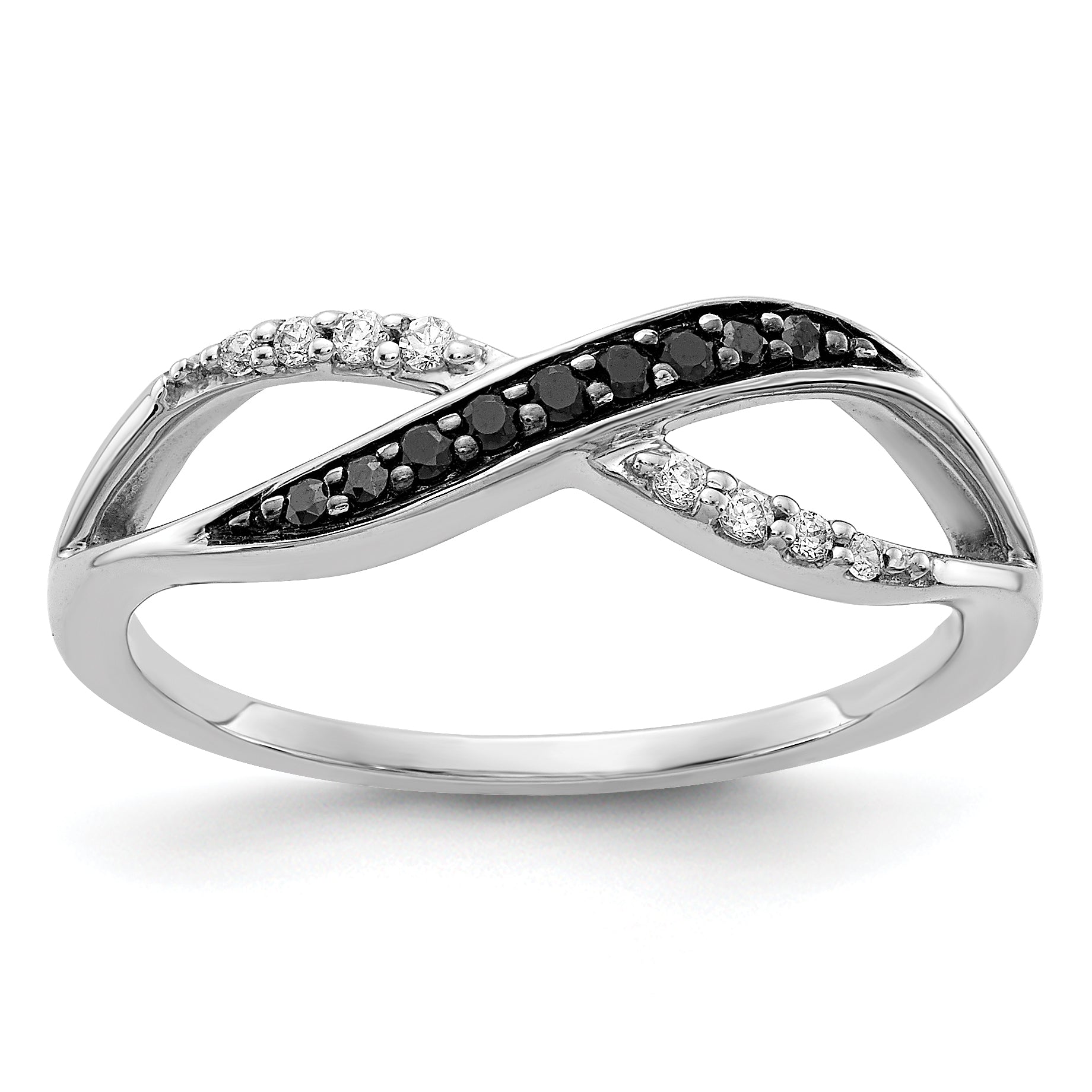 14k White Gold With Black and White Diamond Crisscross Ring Main image