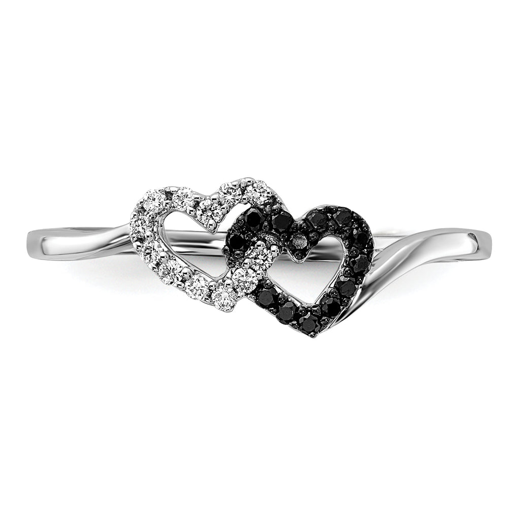 14k White Gold Black and White Diamond Double Heart Ring