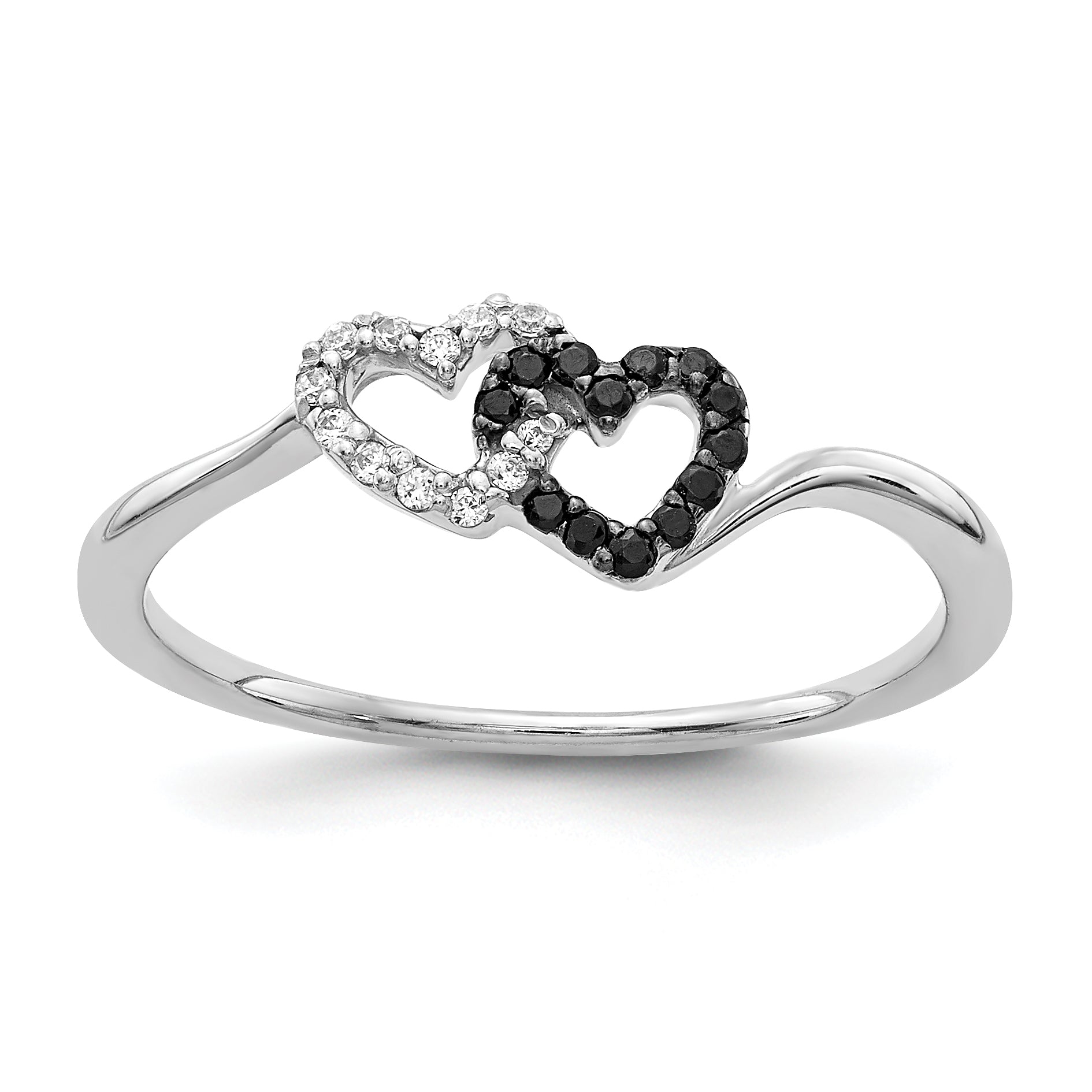 14k White Gold Black and White Diamond Double Heart Ring Main image