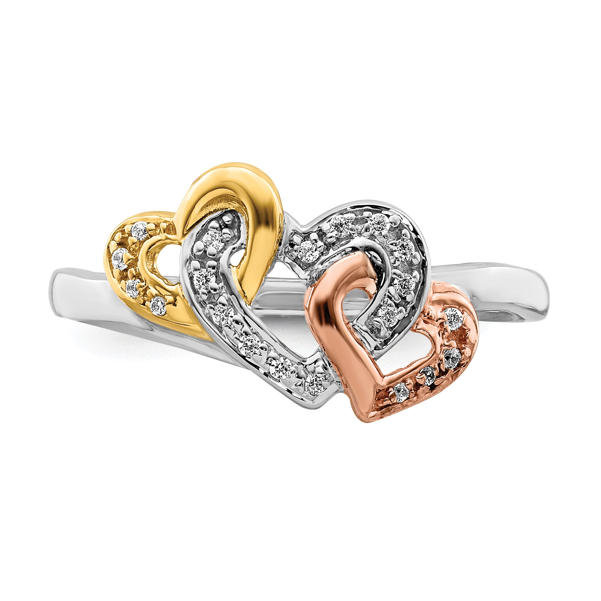 14k Tri-color Diamond Triple Heart Ring