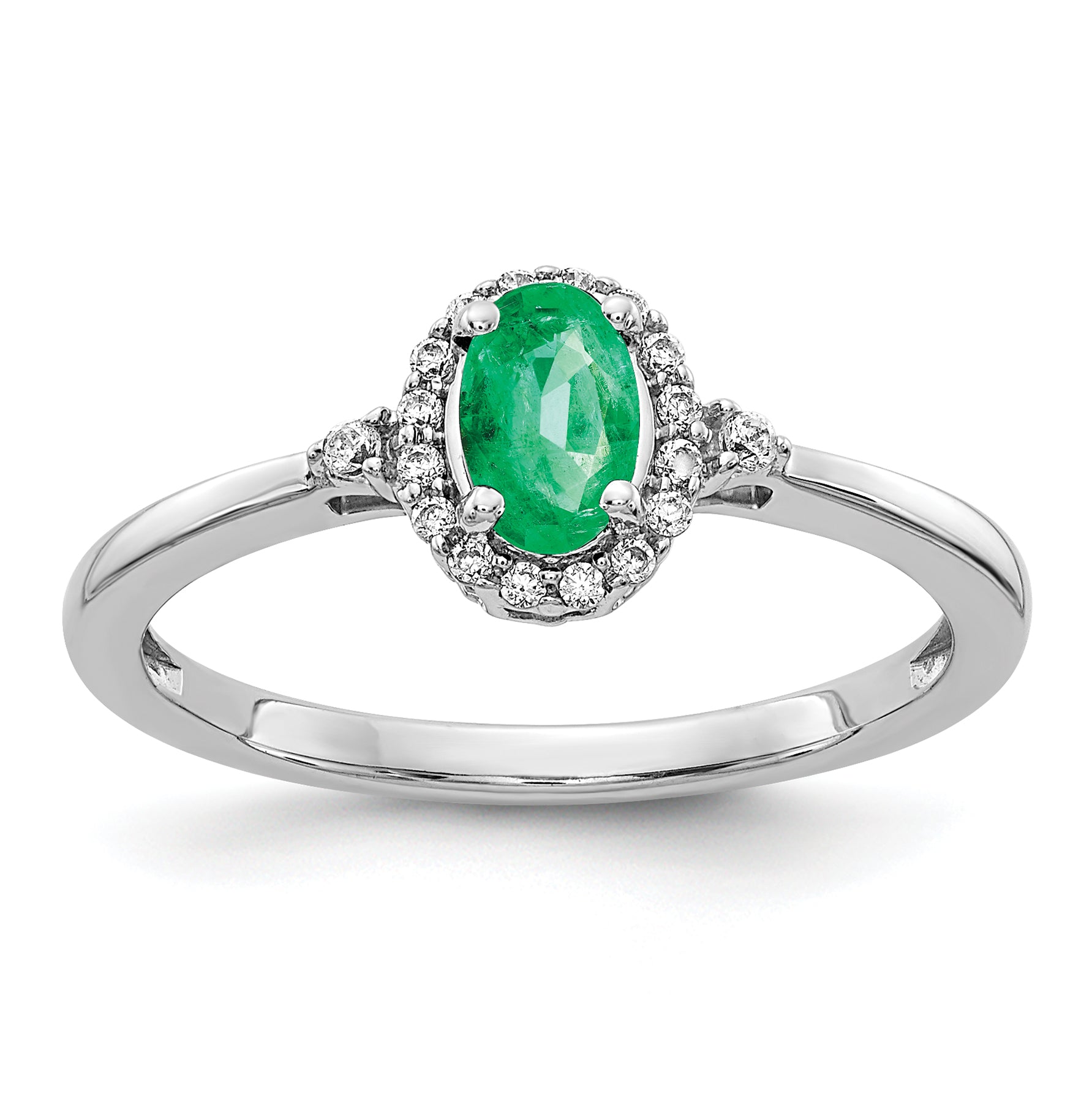 14k White Gold Oval Emerald and Diamond Halo Ring Main image