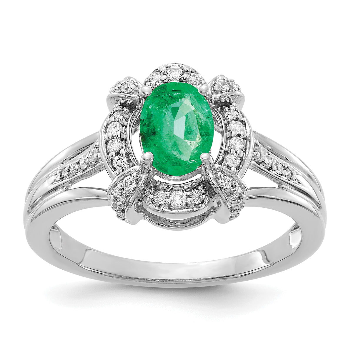 14k White Gold Diamond and Oval Emerald Ring