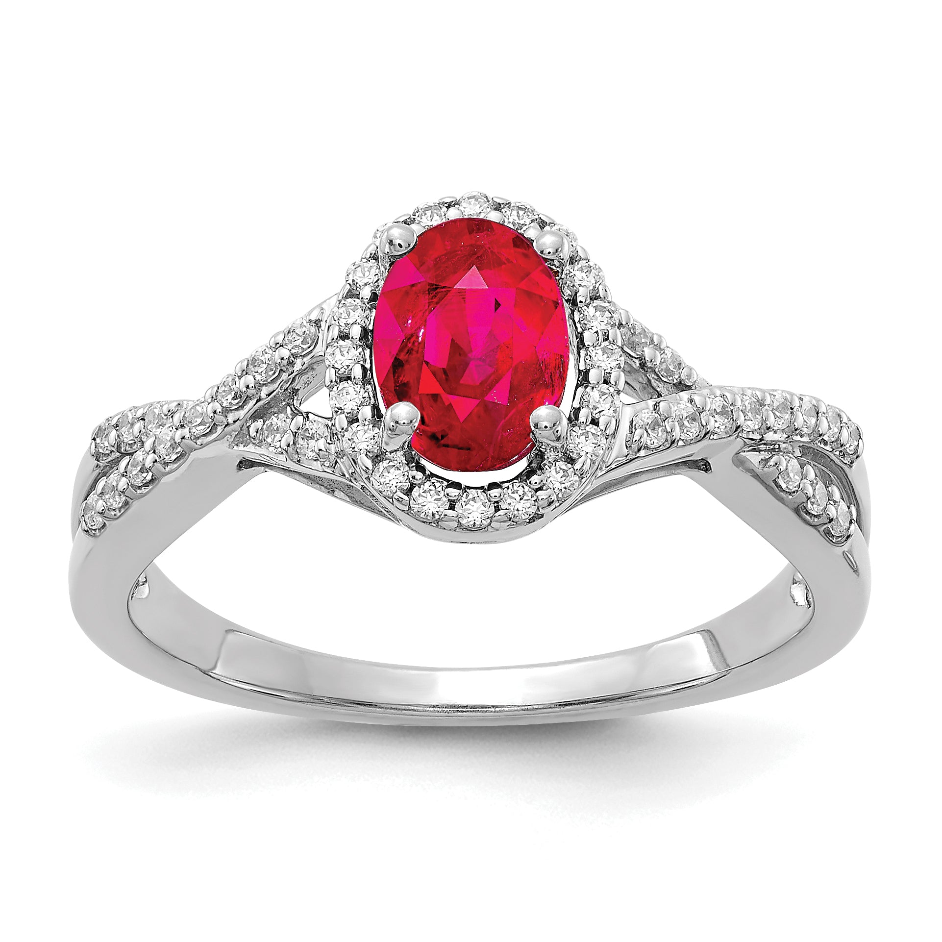 14k White Gold Diamond and Ruby Oval Halo Ring Main image