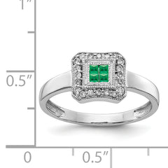 14k White Gold Square Design Emerald and Diamond Ring - 7